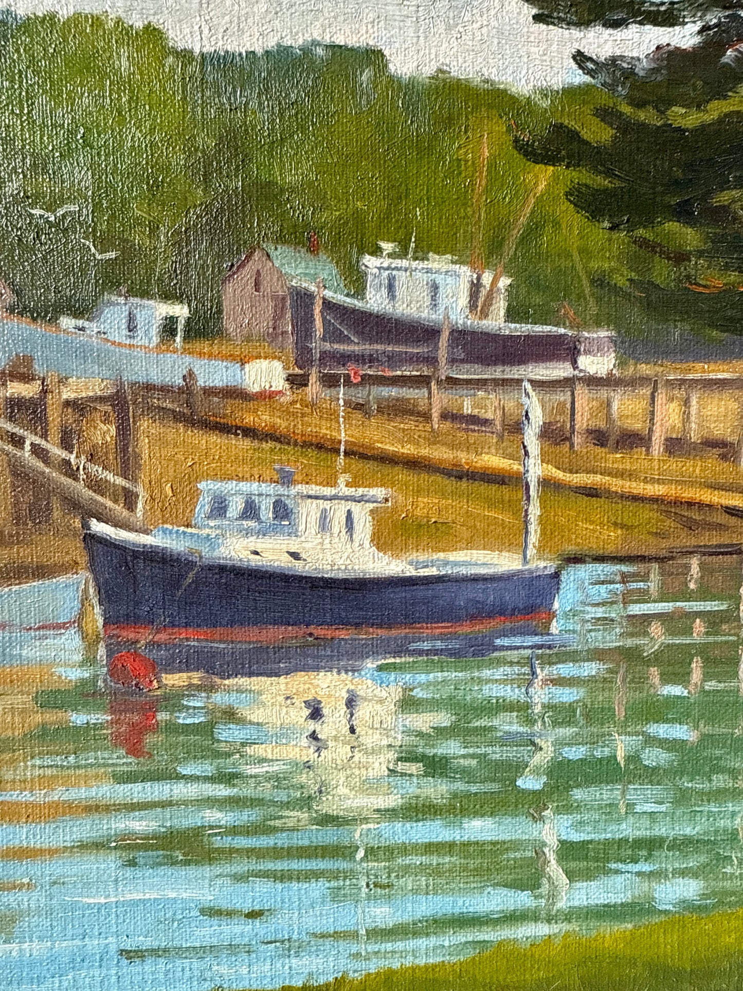 Robert Gordon Working Harbor East Boothbay Maine Yellow Jacket Fisherman Oil Painting in Gold Frame