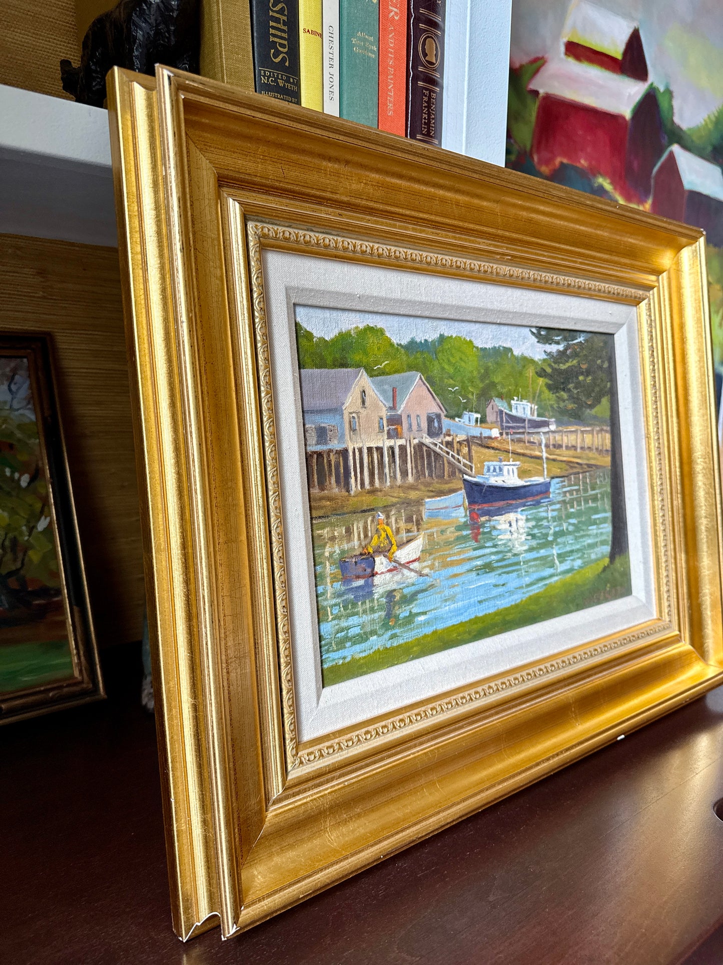 Robert Gordon Working Harbor East Boothbay Maine Yellow Jacket Fisherman Oil Painting in Gold Frame