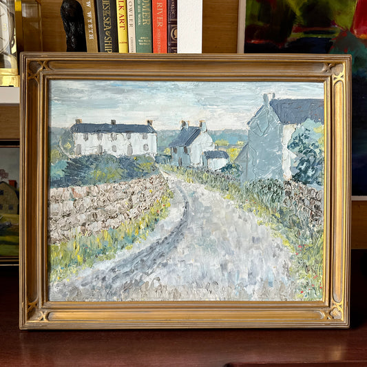 Vintage English Countryside Blue Green Landscape Oil Painting in Celtic Gold Frame