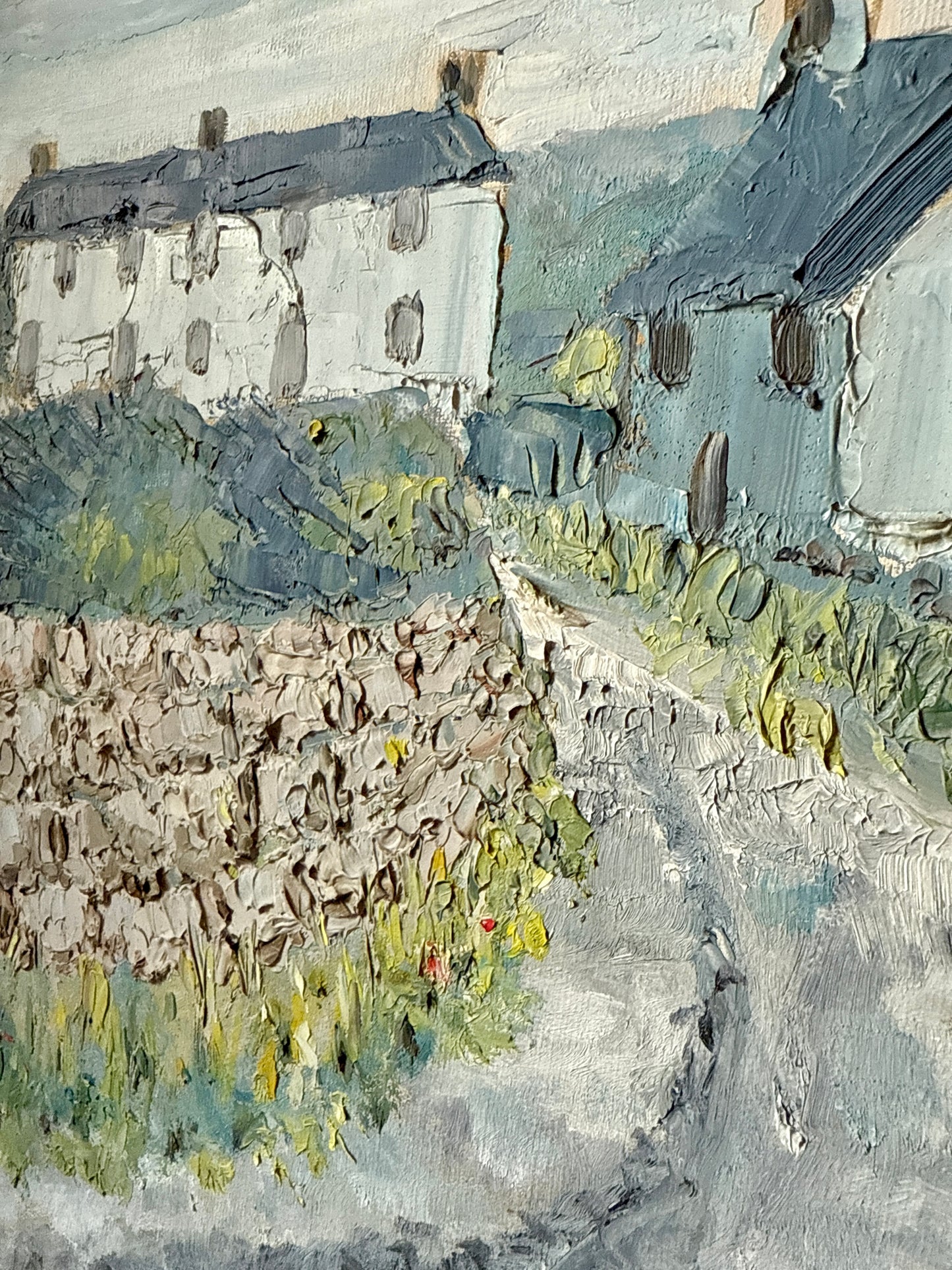 Vintage English Countryside Blue Green Landscape Oil Painting in Celtic Gold Frame