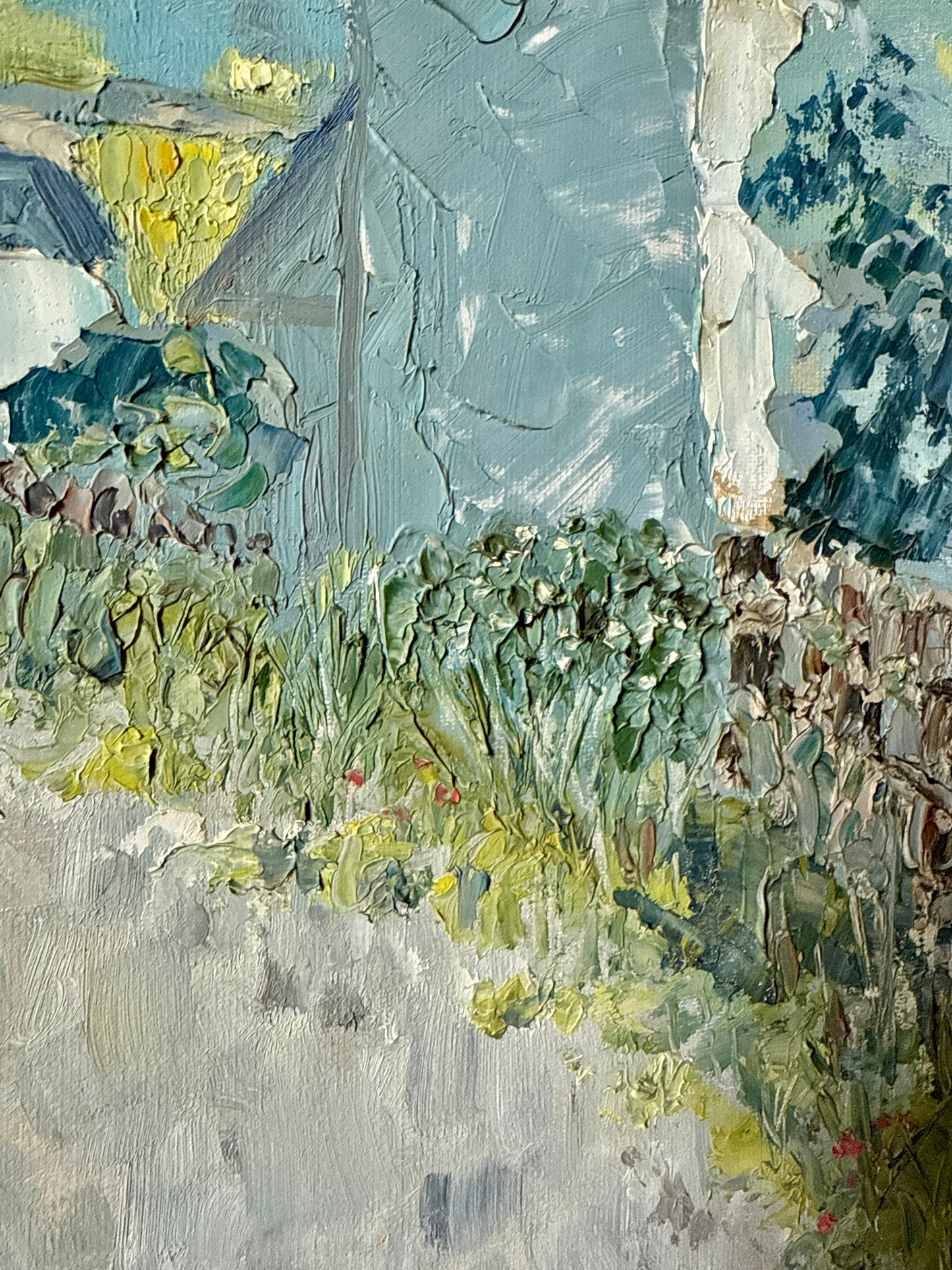 Vintage English Countryside Blue Green Landscape Oil Painting in Celtic Gold Frame