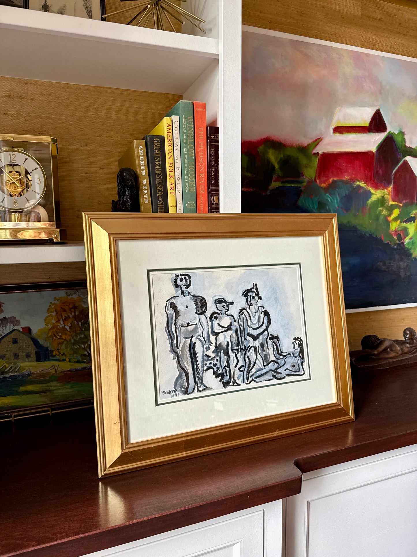 Richard Derby Tucker Figural Abstract Tonal Ink and Watercolor Group Portrait in Gold Frame