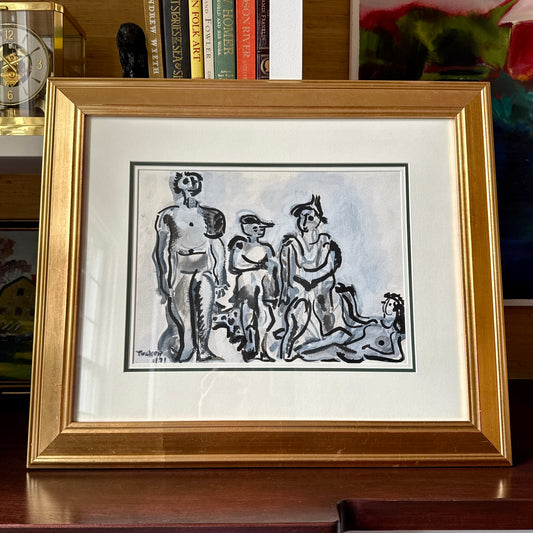 Richard Derby Tucker Figural Abstract Tonal Ink and Watercolor Group Portrait in Gold Frame