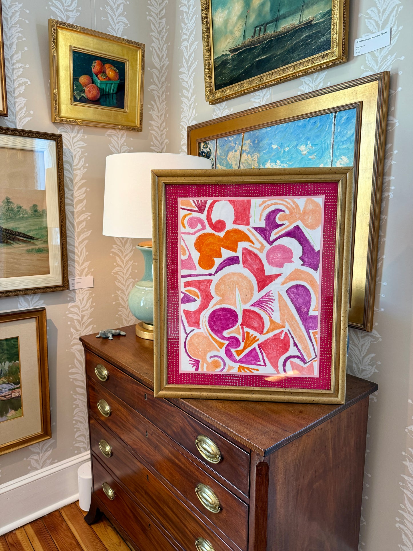 Peter Frederick Briscoe Snow Pink Abstract Watercolor Painting in Gold Frame