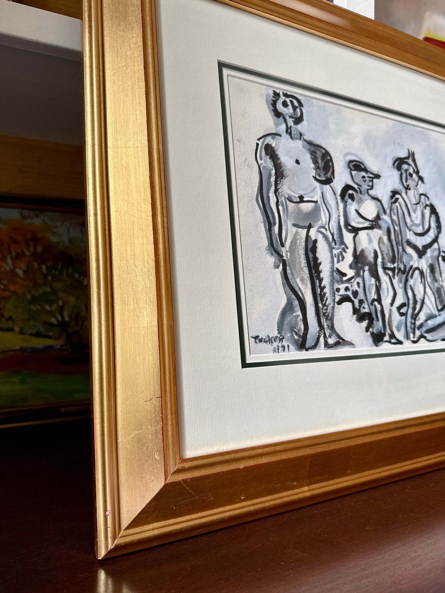 Richard Derby Tucker Figural Abstract Tonal Ink and Watercolor Group Portrait in Gold Frame