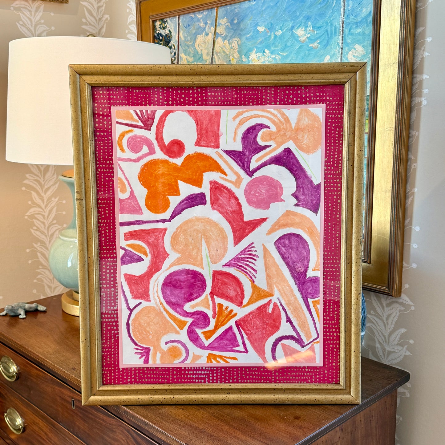 Peter Frederick Briscoe Snow Pink Abstract Watercolor Painting in Gold Frame