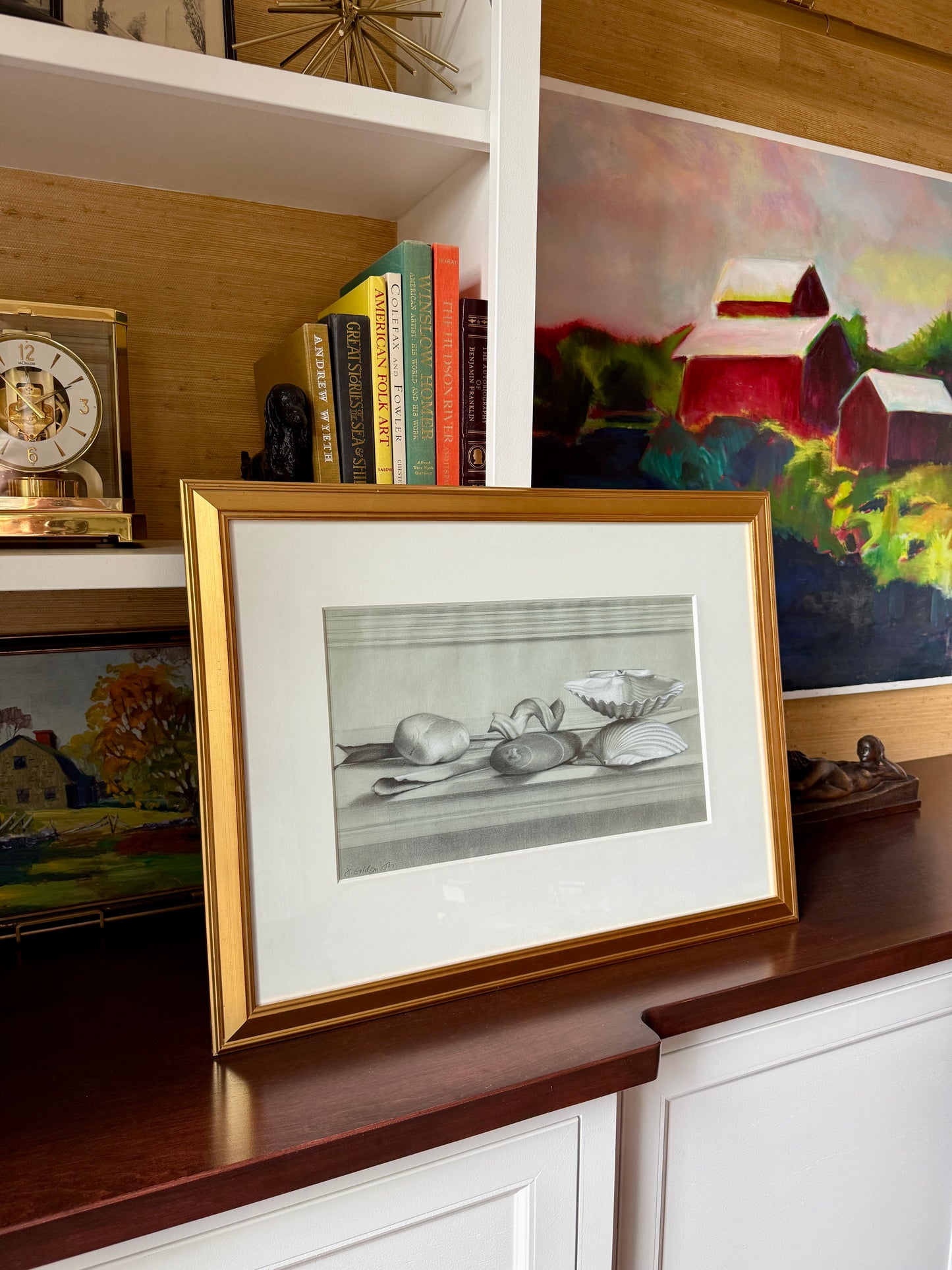 Judith Goldsmith Realist Mantelpiece II Still Life Graphite Drawing Seashells and Beach Stones in Gold Frame