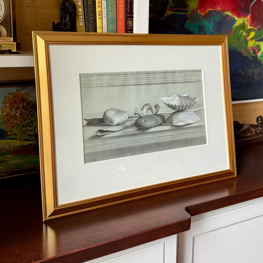 Judith Goldsmith Realist Mantelpiece II Still Life Graphite Drawing Seashells and Beach Stones in Gold Frame