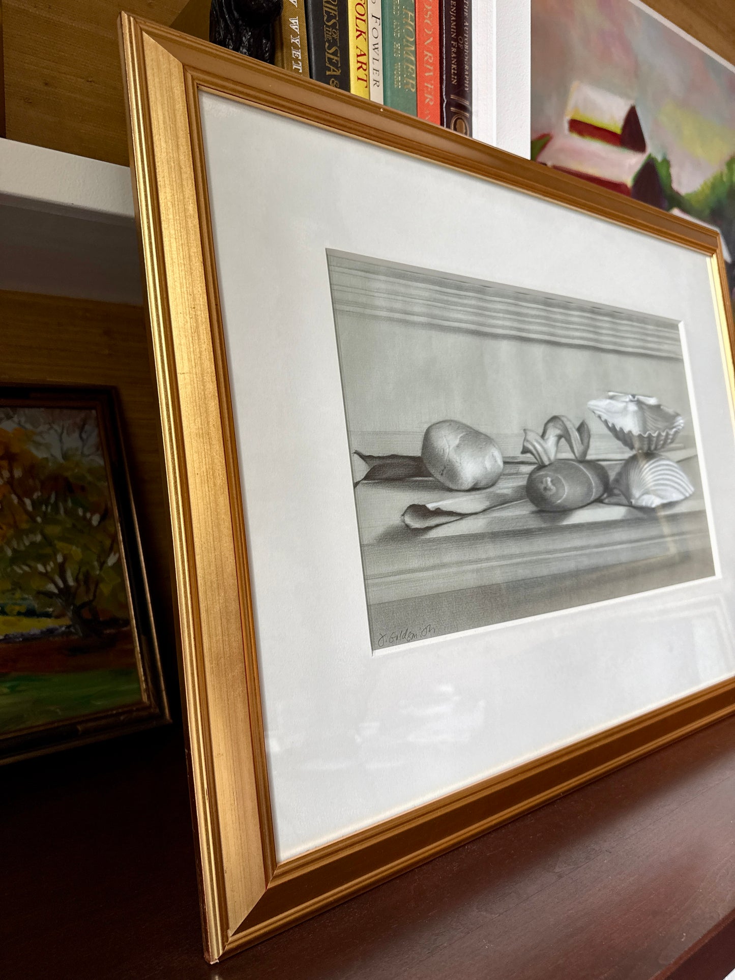 Judith Goldsmith Realist Mantelpiece II Still Life Graphite Drawing Seashells and Beach Stones in Gold Frame