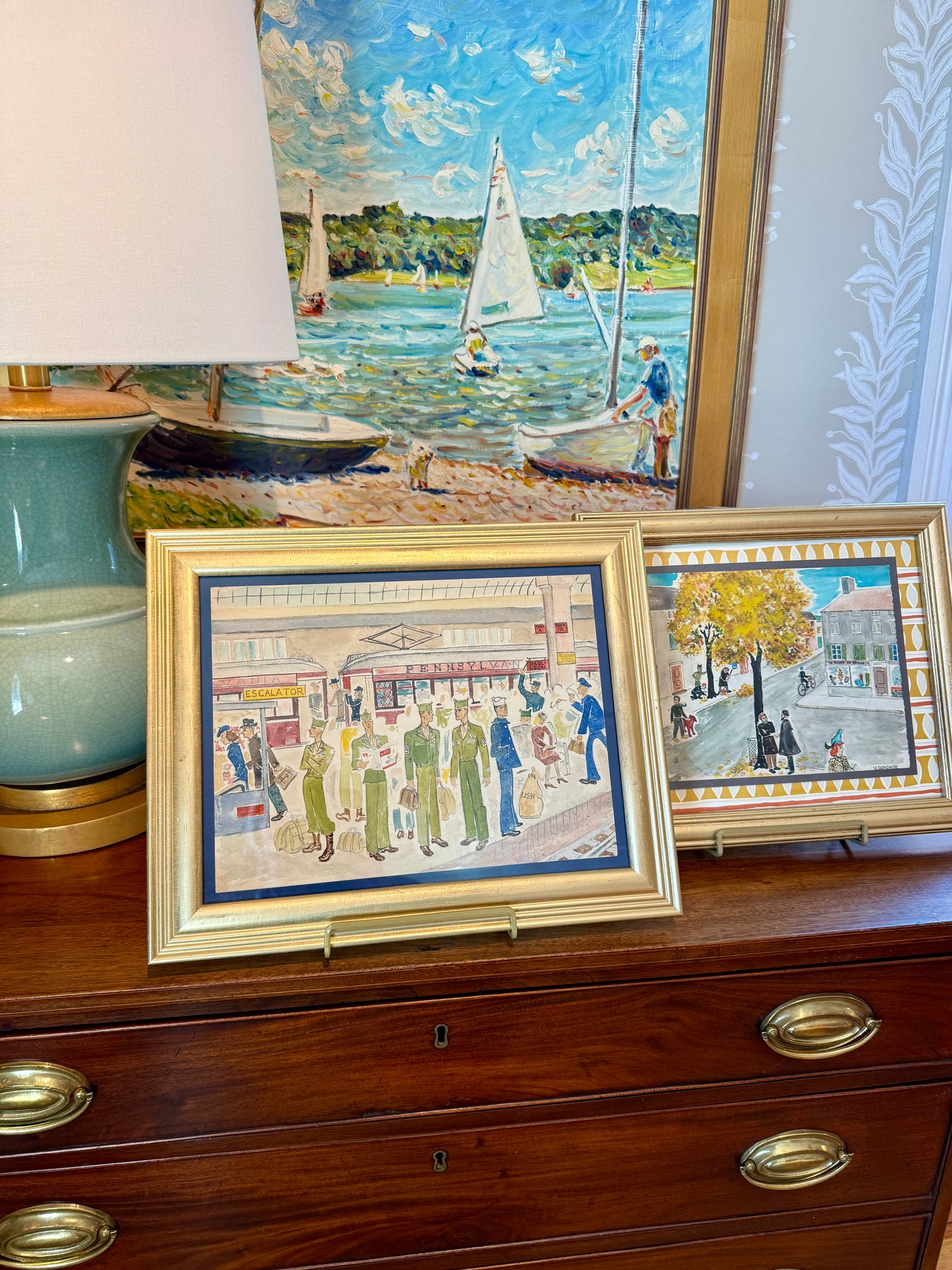 Victoria Donohue 1946 WWII Homecoming Philadelphia 30th Street Train Station Watercolor in Gold Frame