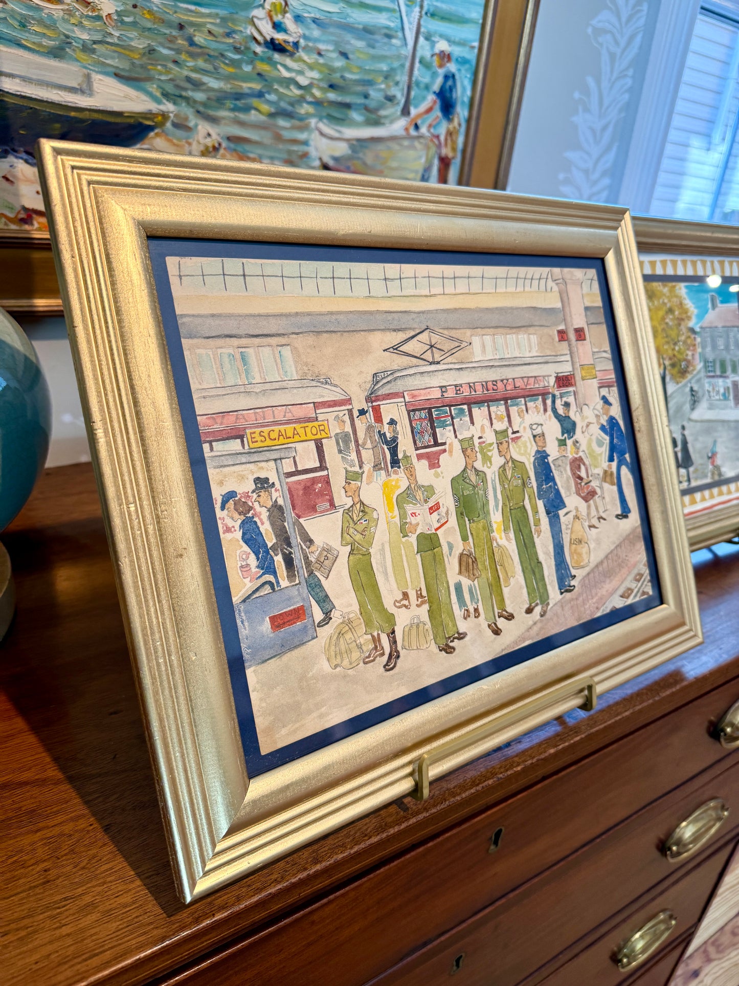 Victoria Donohue 1946 WWII Homecoming Philadelphia 30th Street Train Station Watercolor in Gold Frame