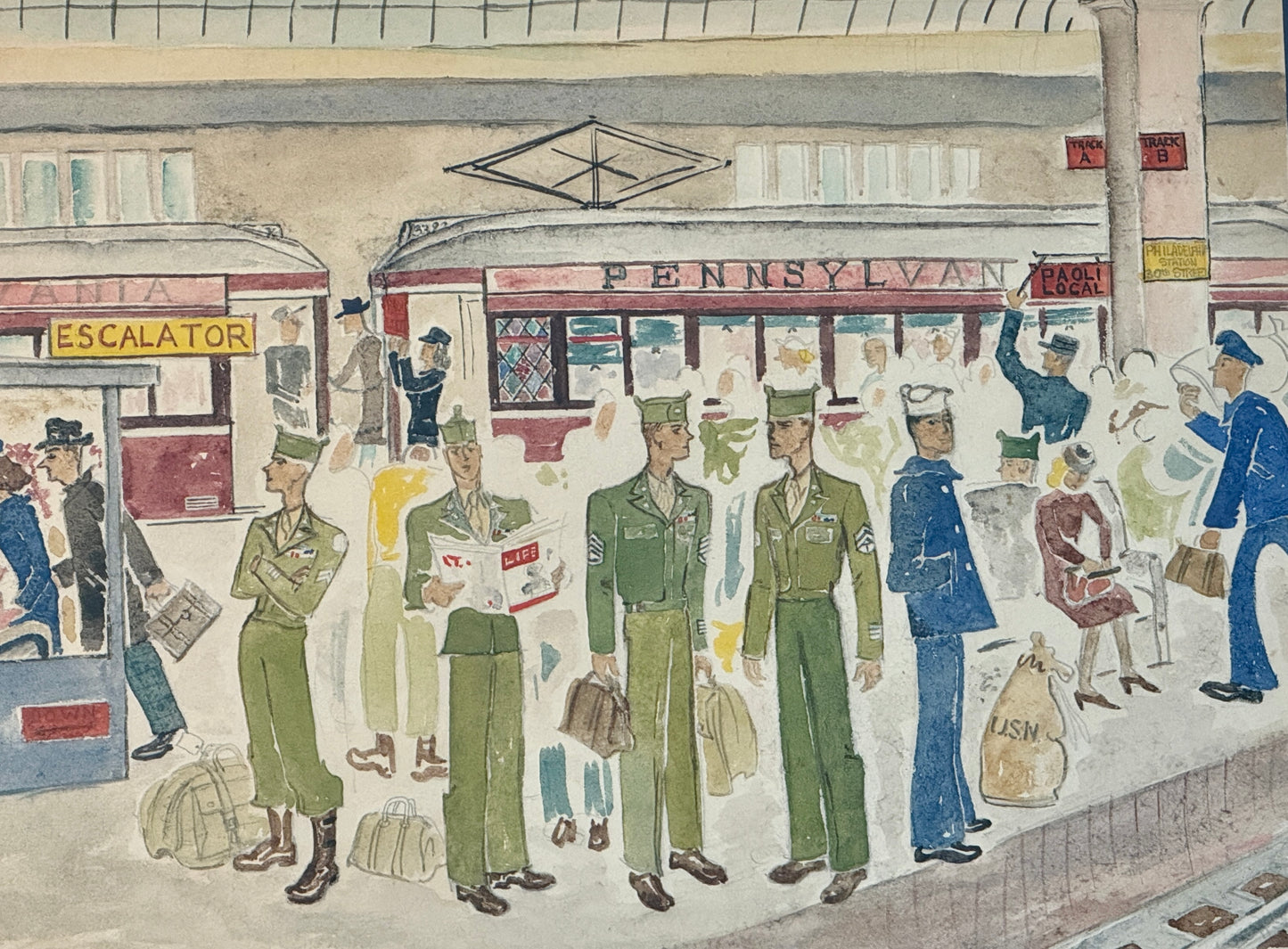 Victoria Donohue 1946 WWII Homecoming Philadelphia 30th Street Train Station Watercolor in Gold Frame