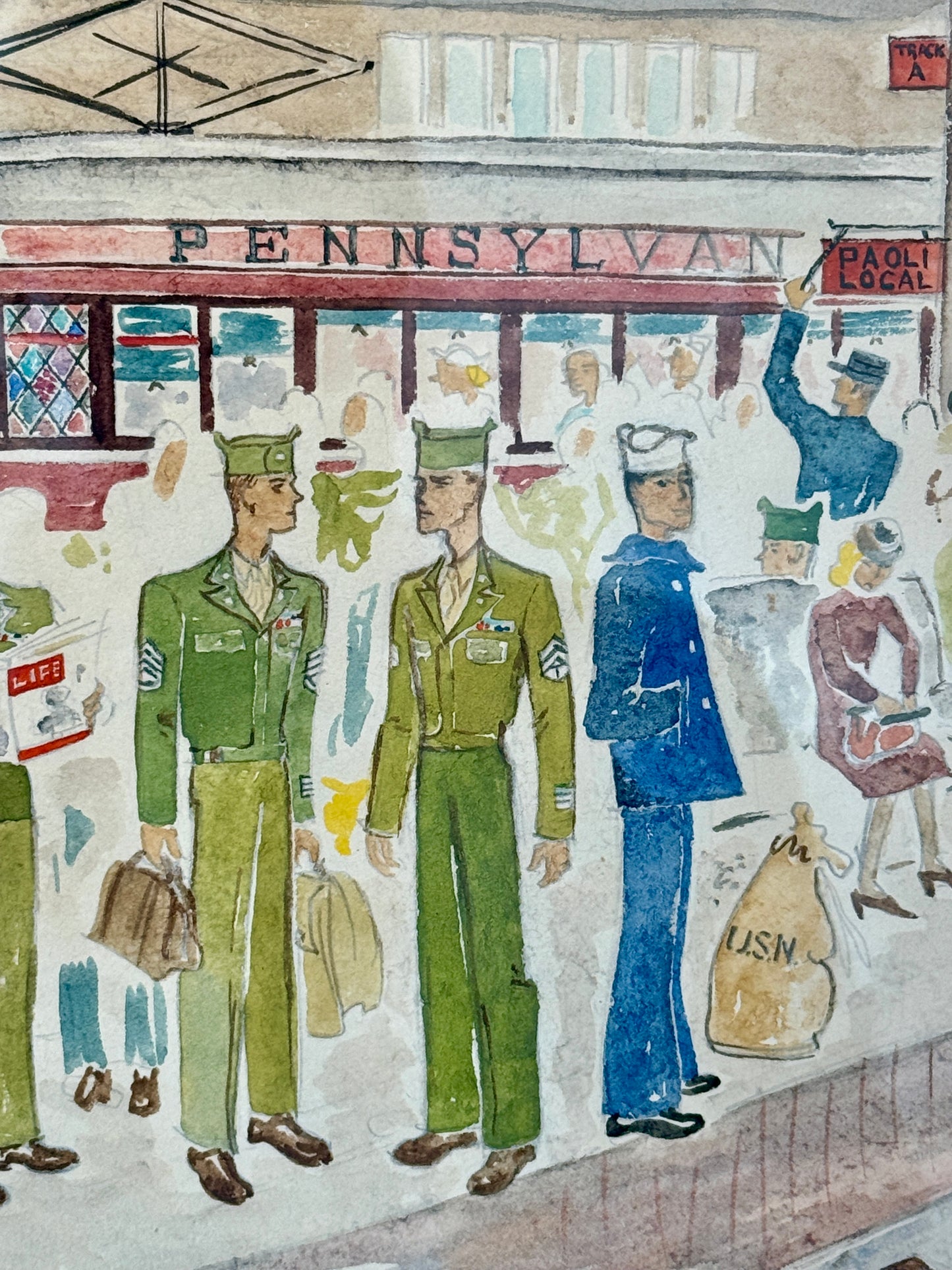 Victoria Donohue 1946 WWII Homecoming Philadelphia 30th Street Train Station Watercolor in Gold Frame