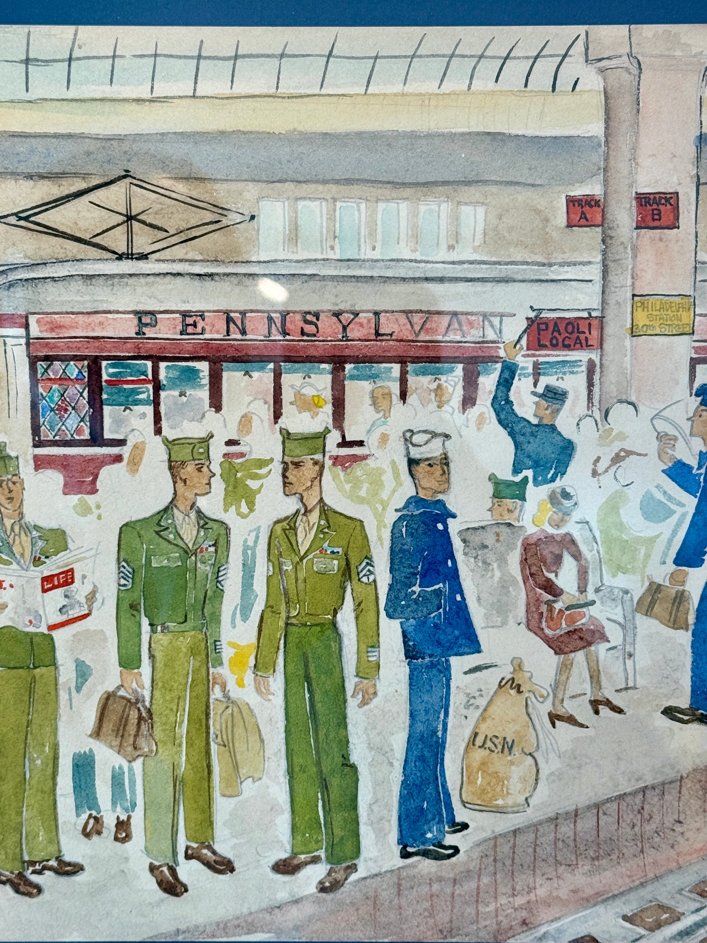 Victoria Donohue 1946 WWII Homecoming Philadelphia 30th Street Train Station Watercolor in Gold Frame