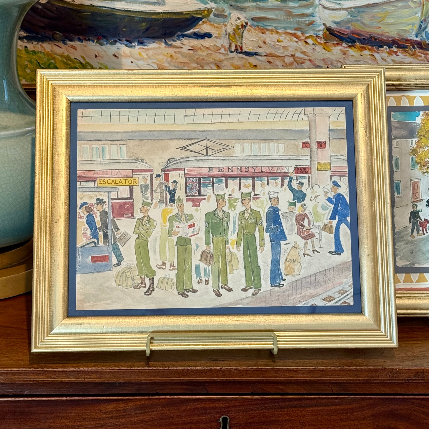 Victoria Donohue 1946 WWII Homecoming Philadelphia 30th Street Train Station Watercolor in Gold Frame