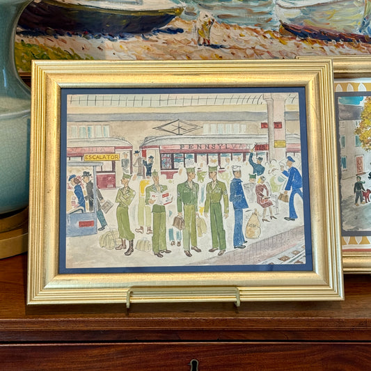 Victoria Donohue 1946 WWII Homecoming Philadelphia 30th Street Train Station Watercolor in Gold Frame