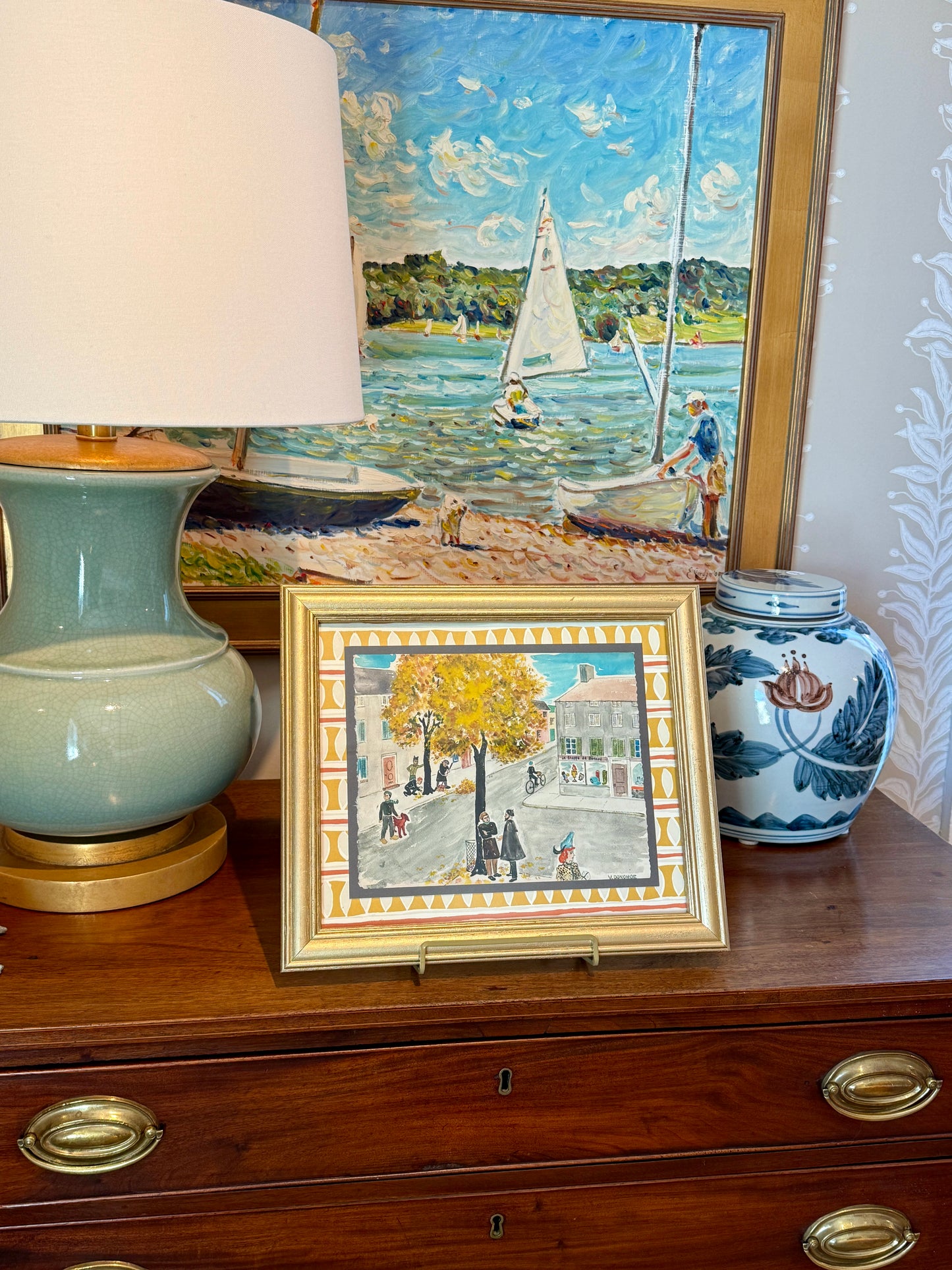 Victoria Donohue Paris in the Fall 1945 Watercolor in Gold Frame
