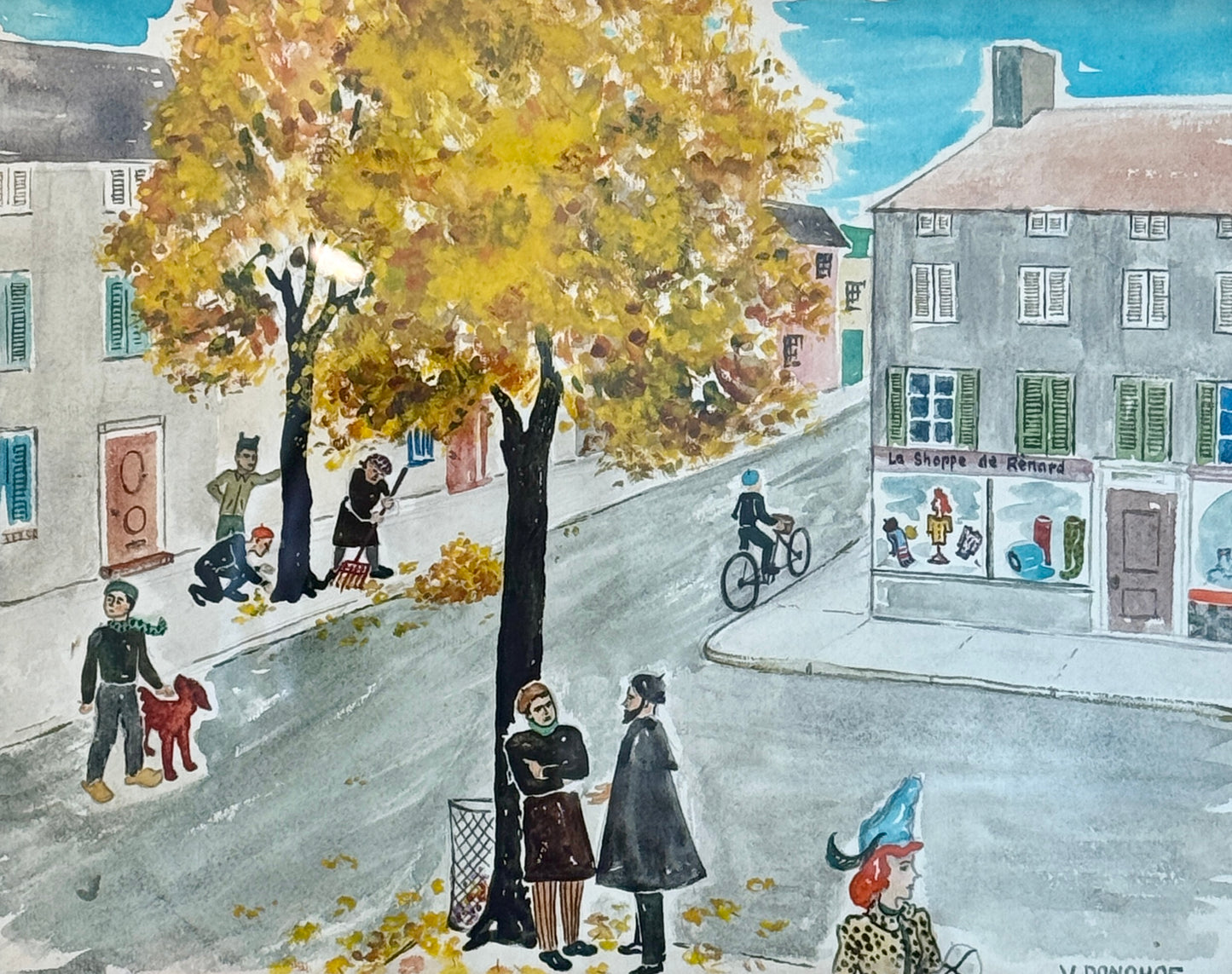 Victoria Donohue Paris in the Fall 1945 Watercolor in Gold Frame