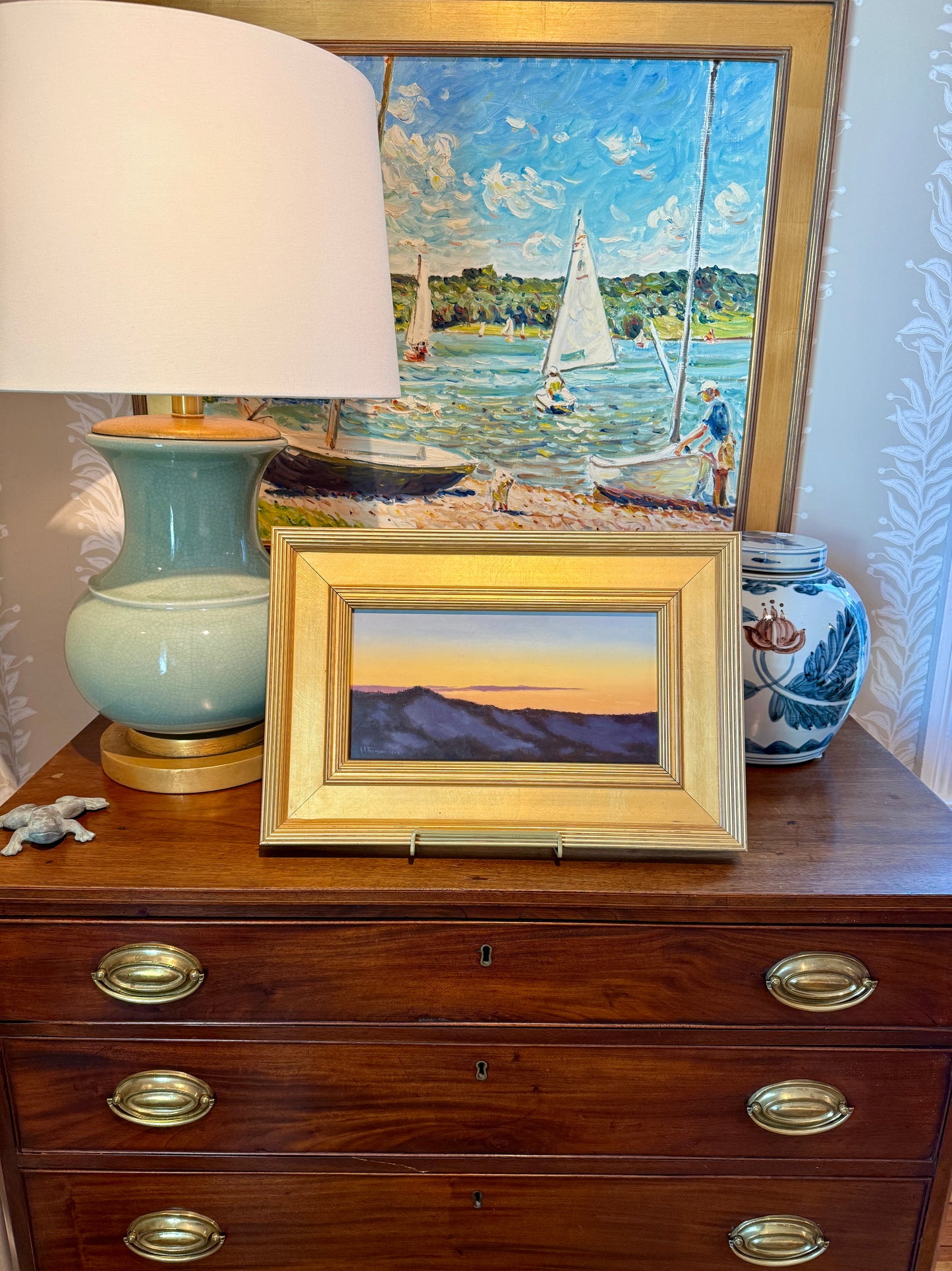 Anthony R. Thompson Waiting for Sunrise Seascape Oil Painting in Gold Frame