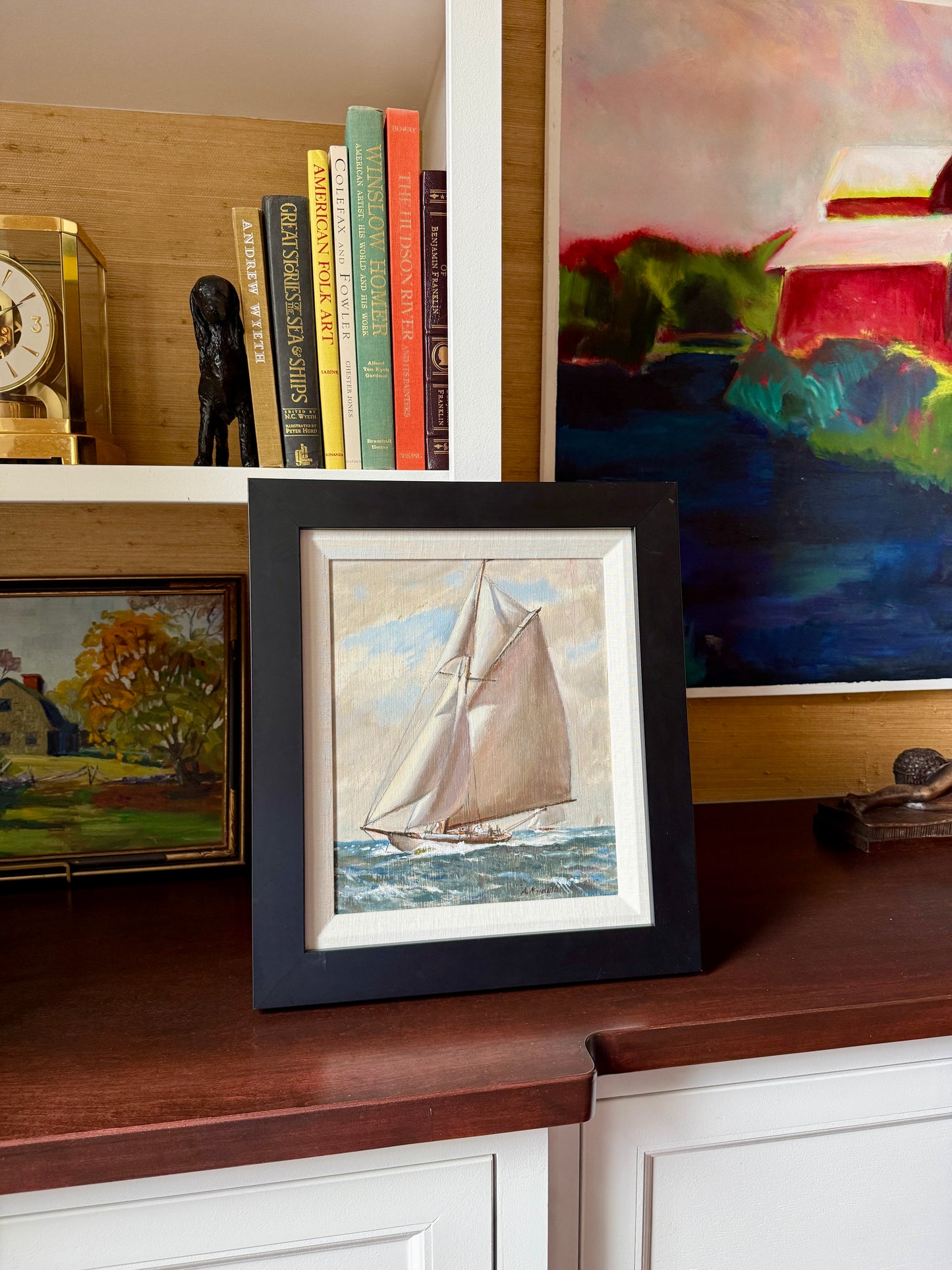 Arnold Whitman Knauth A Fair Wind Sailboat Portrait in Seascape Oil Painting in Black Frame