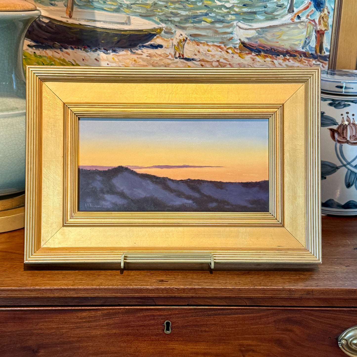 Anthony R. Thompson Waiting for Sunrise Seascape Oil Painting in Gold Frame