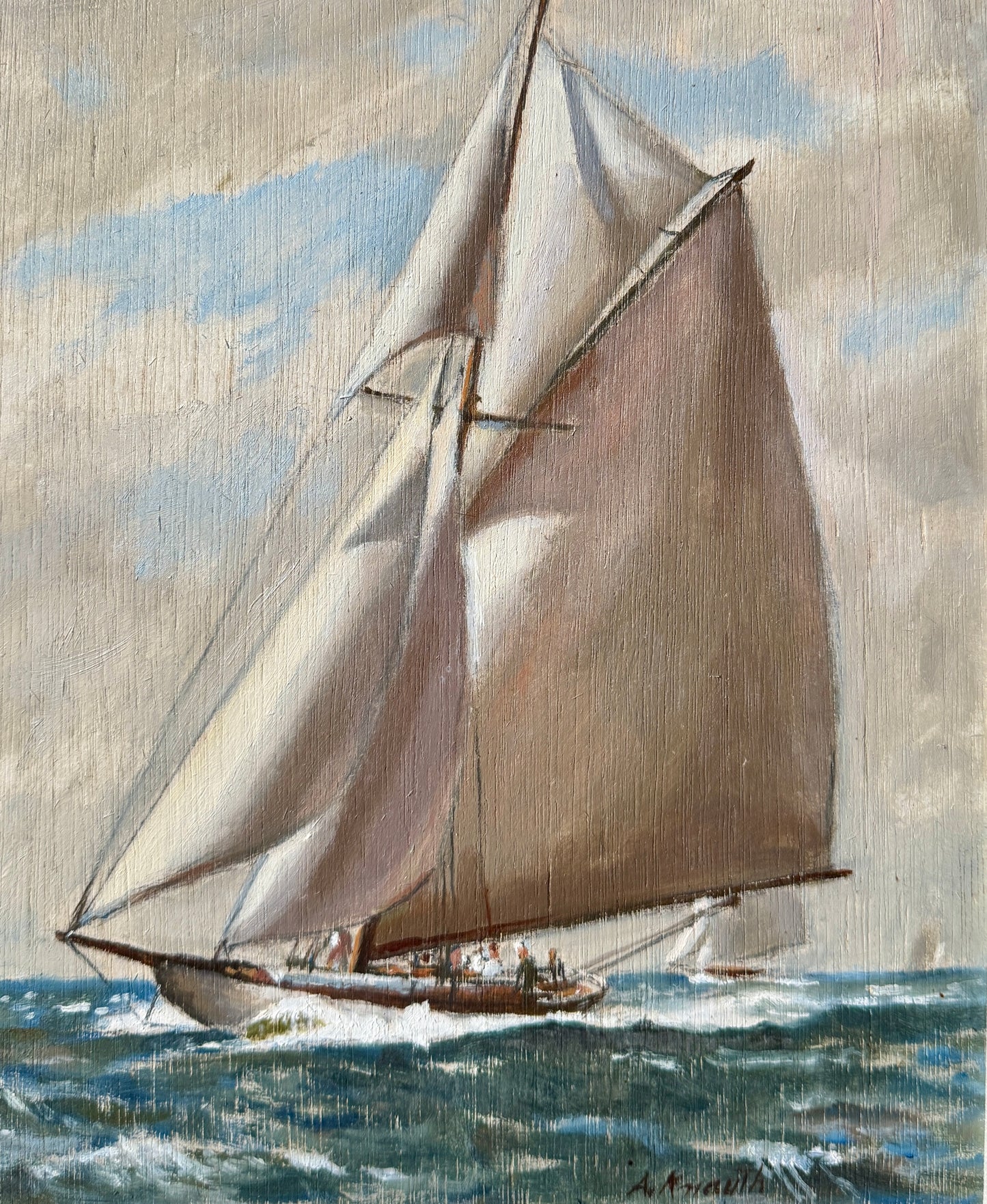 Arnold Whitman Knauth A Fair Wind Sailboat Portrait in Seascape Oil Painting in Black Frame