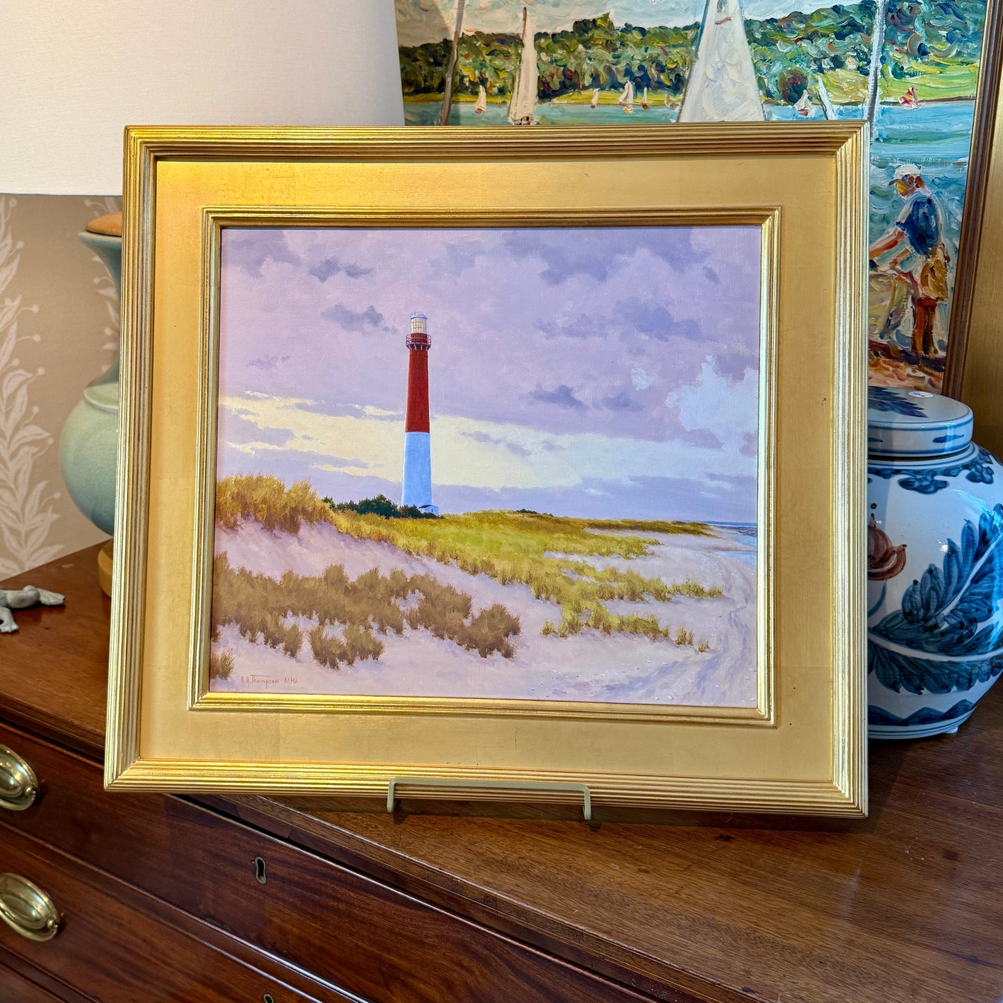 Anthony R. Thompson Barnegat Light Long Beach Island NJ LBI Coastal Landscape Oil Painting in Gold Frame