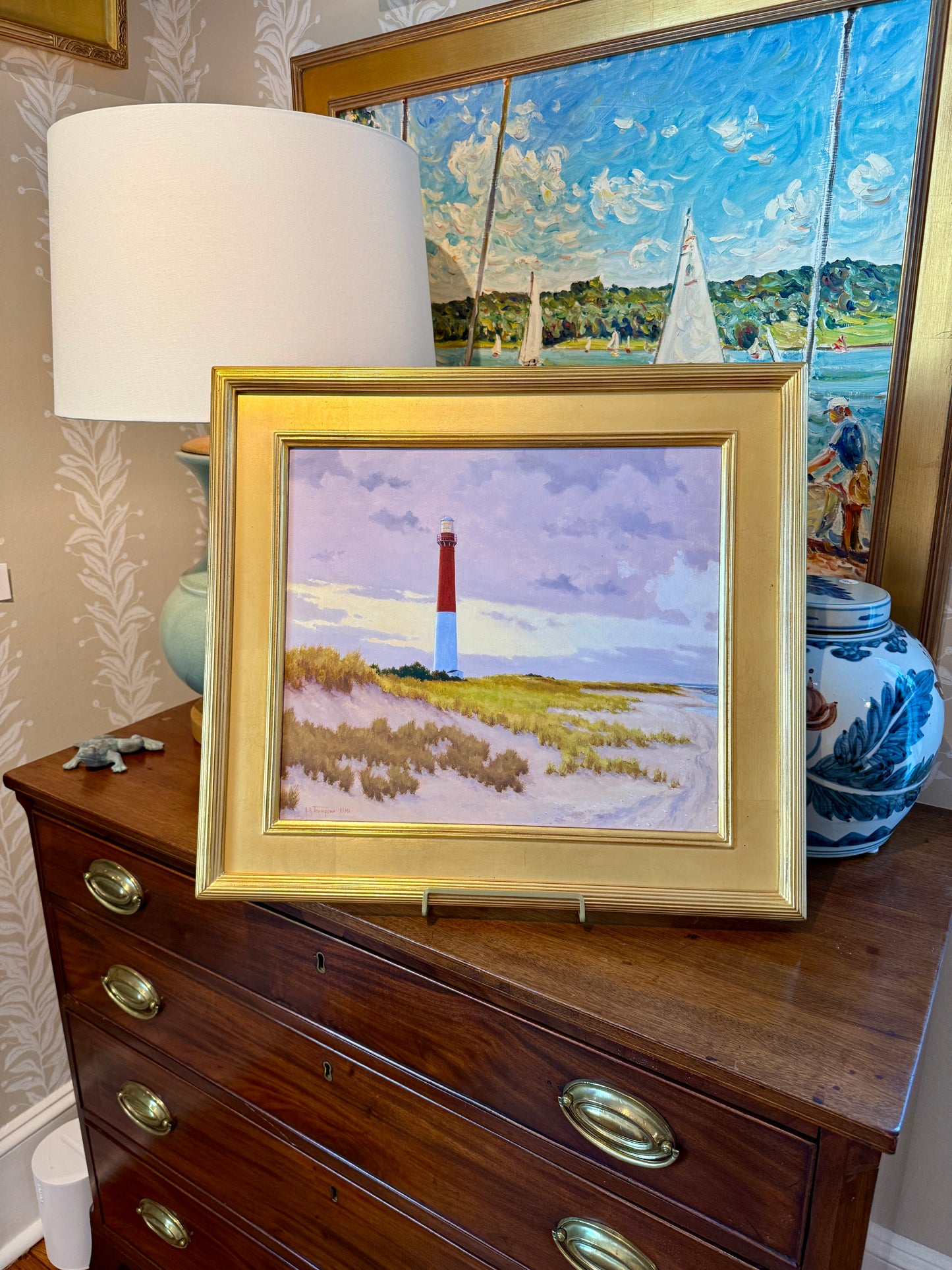 Anthony R. Thompson Barnegat Light Long Beach Island NJ LBI Coastal Landscape Oil Painting in Gold Frame
