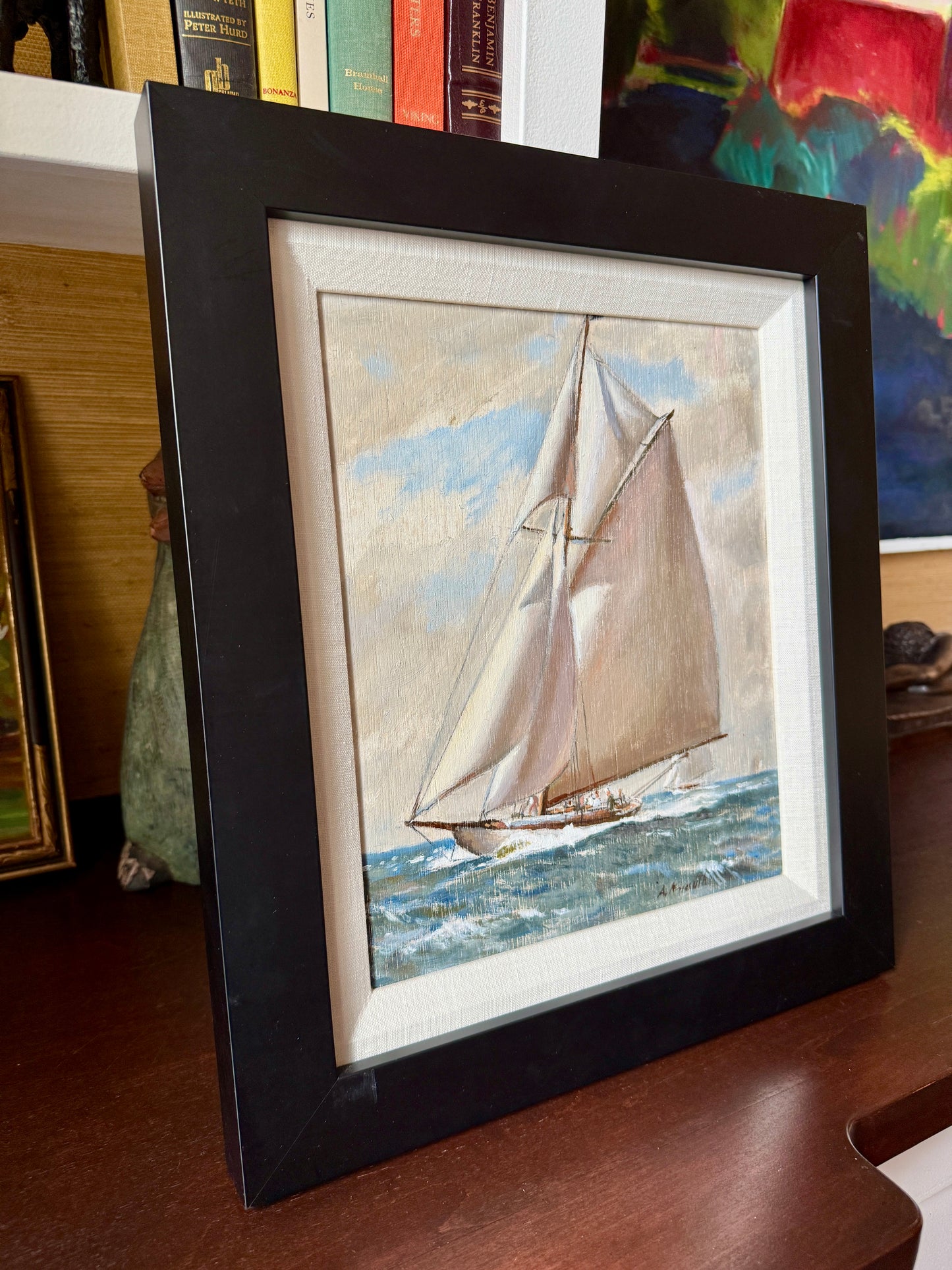 Arnold Whitman Knauth A Fair Wind Sailboat Portrait in Seascape Oil Painting in Black Frame