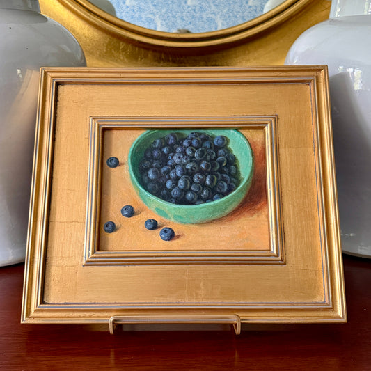 Blueberries in Green Ceramic Bowl Realist Still Life Oil Painting in Gold Frame