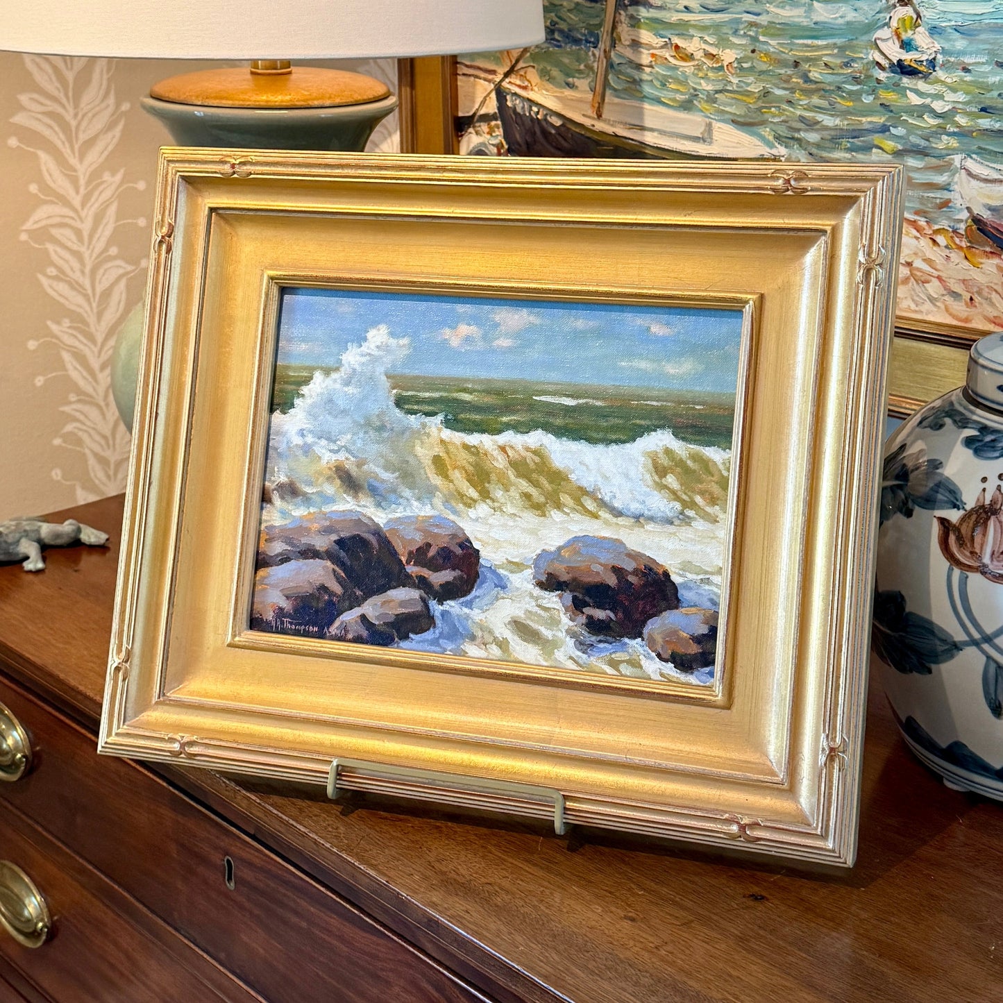 Anthony R. Thompson Sunlit Surf Seascape Oil Painting in Gold Frame