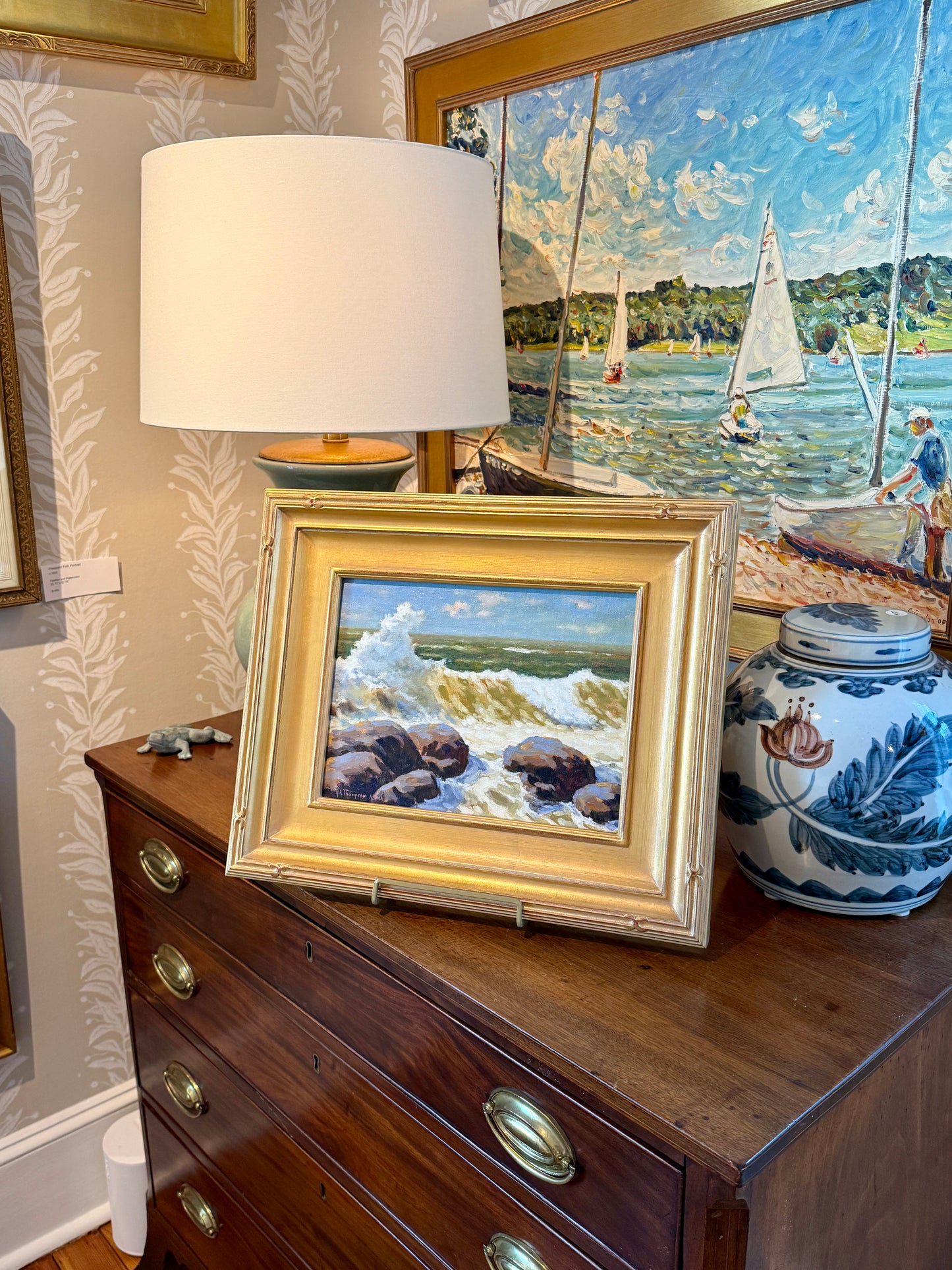 Anthony R. Thompson Sunlit Surf Seascape Oil Painting in Gold Frame