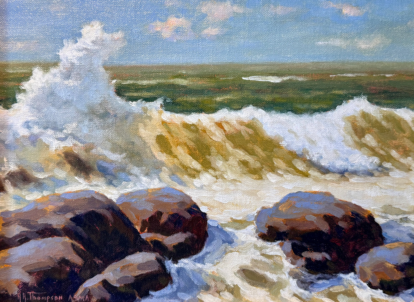 Anthony R. Thompson Sunlit Surf Seascape Oil Painting in Gold Frame