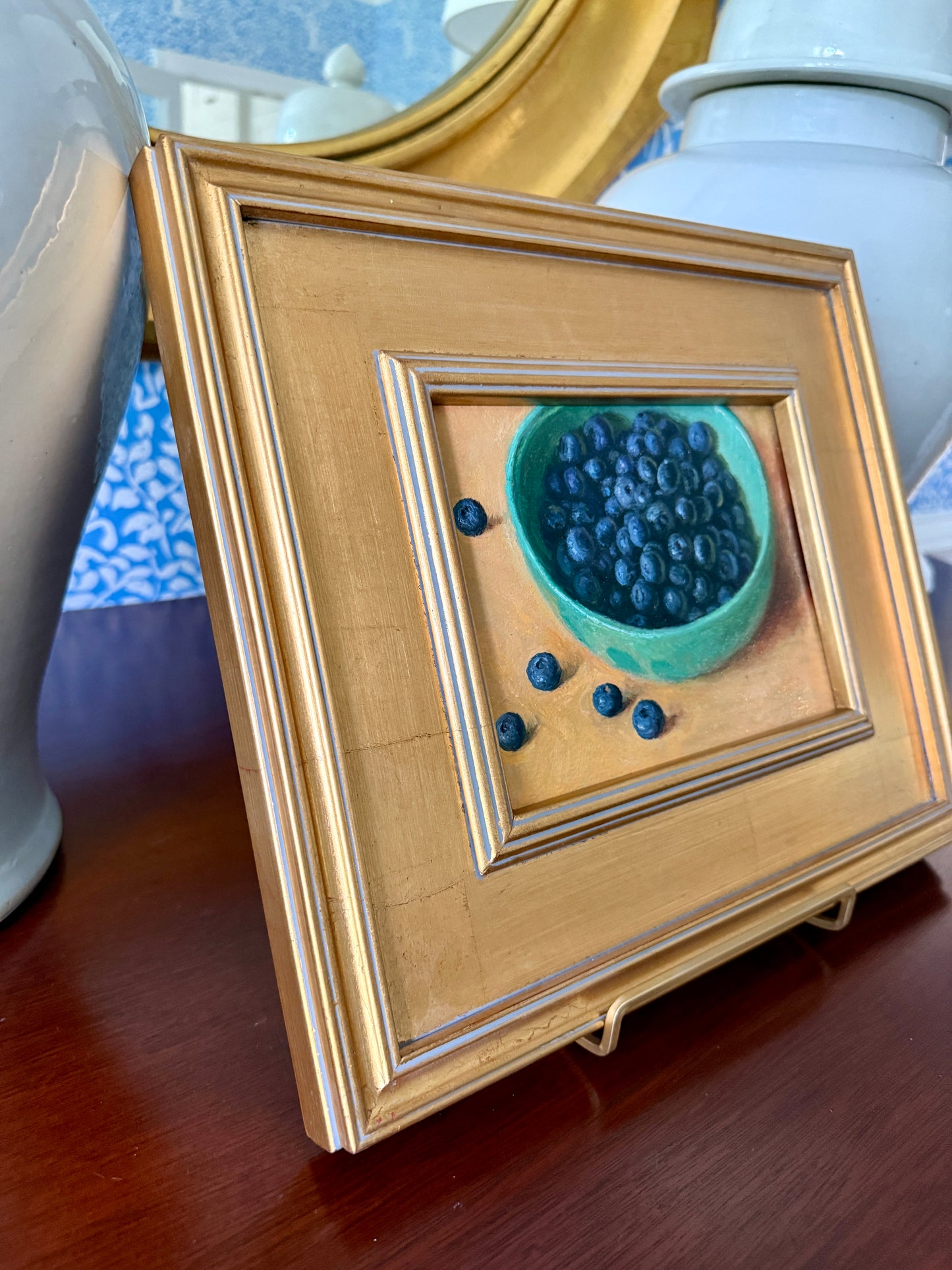 Blueberries in Green Ceramic Bowl Realist Still Life Oil Painting in Gold Frame