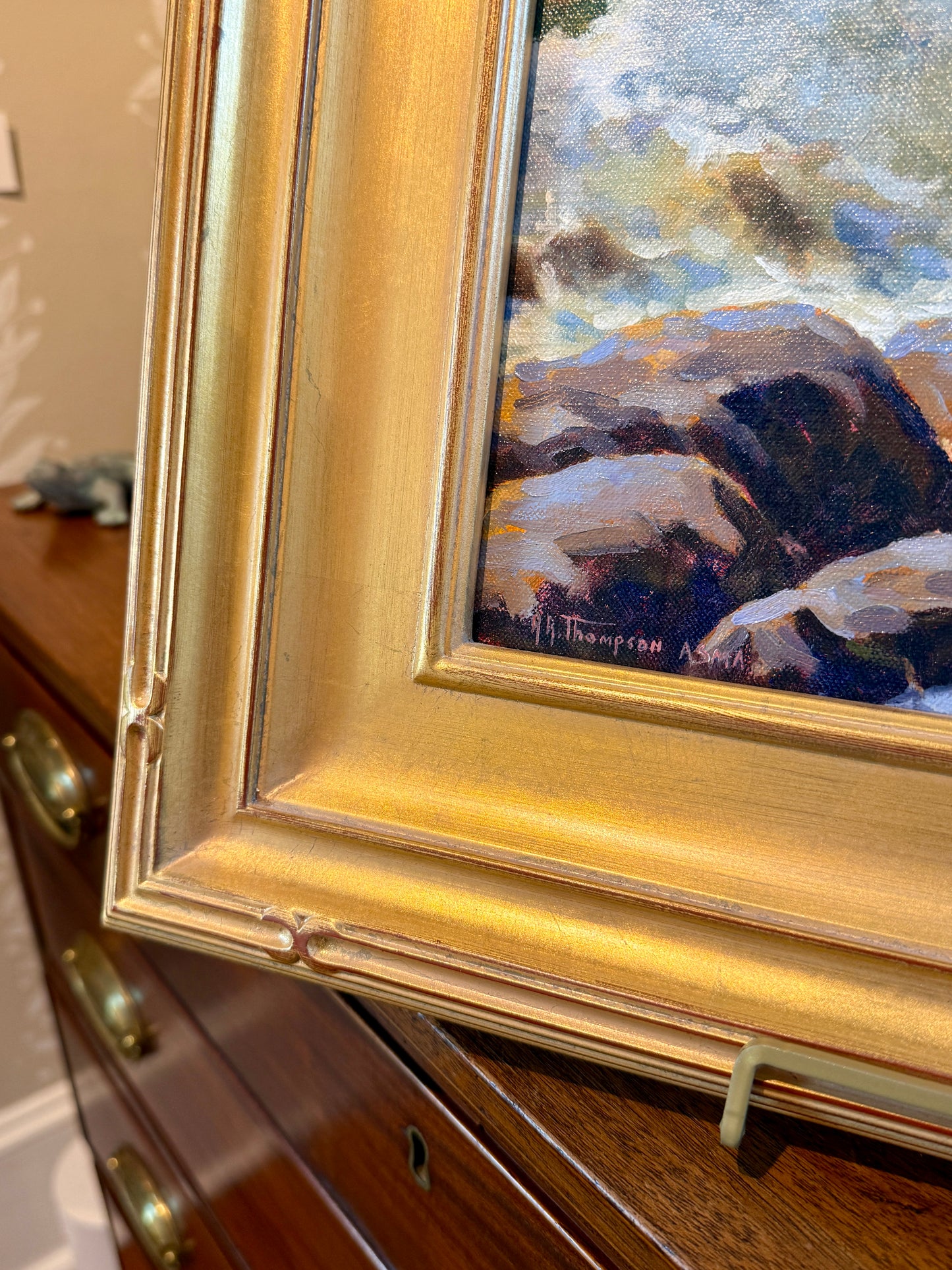 Anthony R. Thompson Sunlit Surf Seascape Oil Painting in Gold Frame