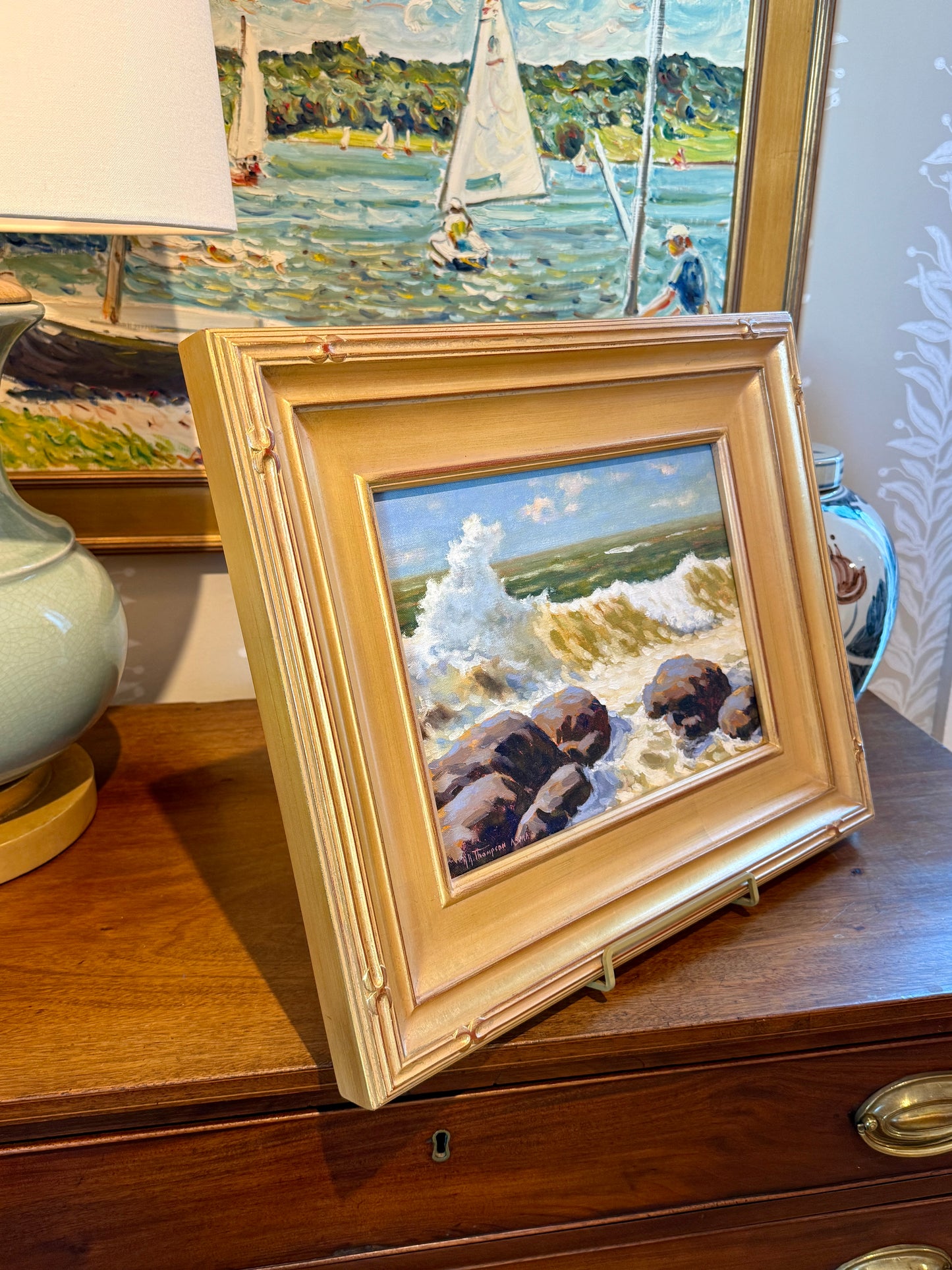 Anthony R. Thompson Sunlit Surf Seascape Oil Painting in Gold Frame