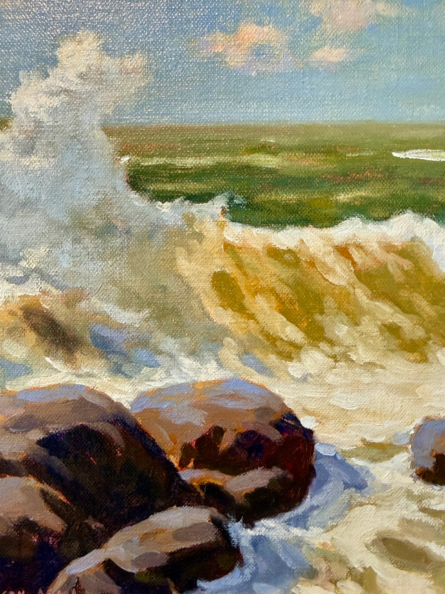 Anthony R. Thompson Sunlit Surf Seascape Oil Painting in Gold Frame