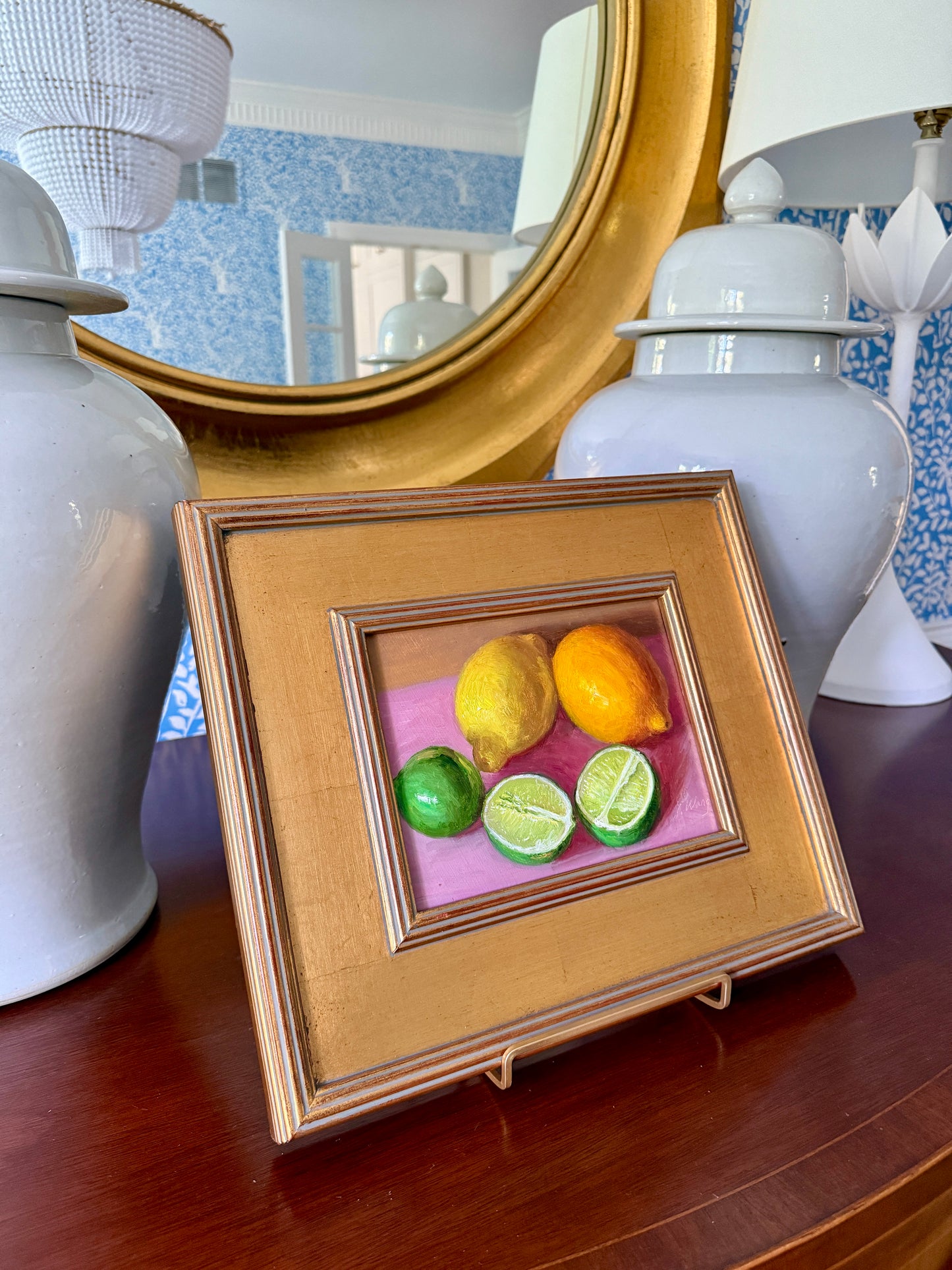 Lemons and Limes on Pink Cloth Realist Still Life Oil Painting in Gold Frame