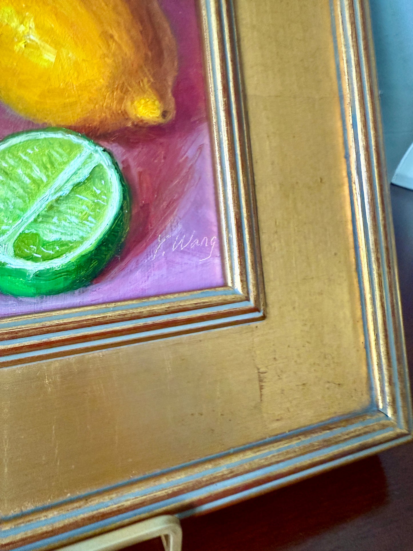 Lemons and Limes on Pink Cloth Realist Still Life Oil Painting in Gold Frame