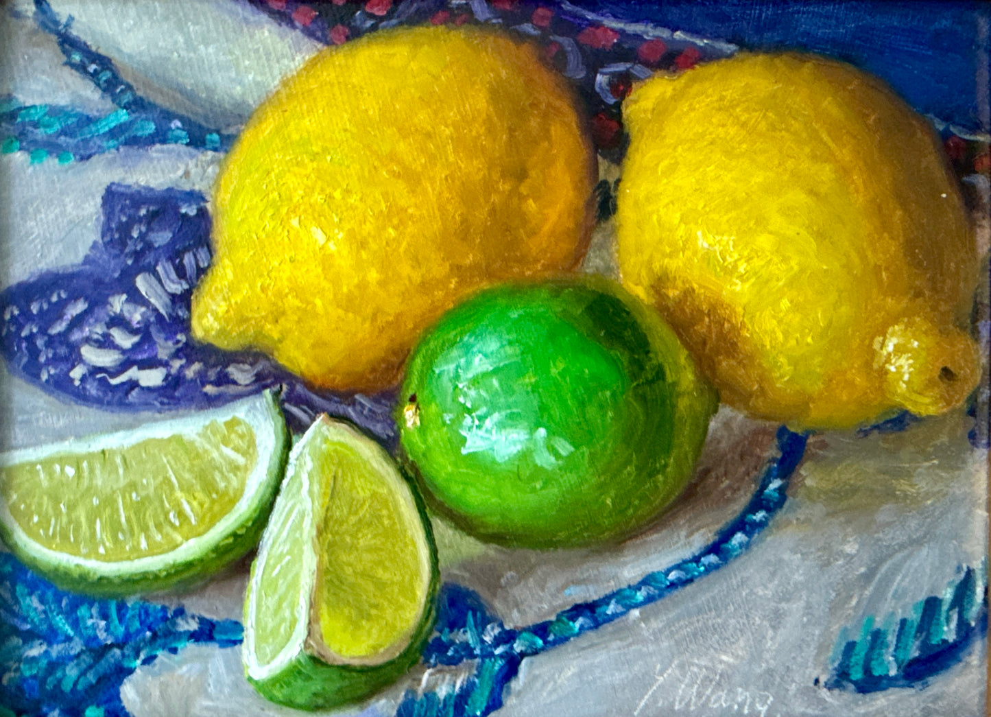 Lemons and Limes on Blue and White Tablecloth Realist Still Life Oil Painting in Gold Frame