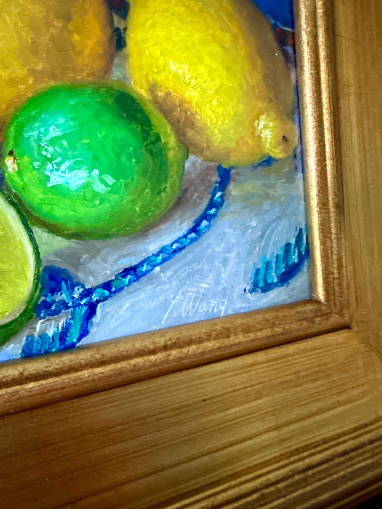 Lemons and Limes on Blue and White Tablecloth Realist Still Life Oil Painting in Gold Frame