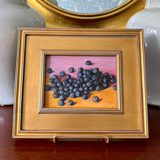 Blueberries on Pink and Orange Realist Still Life Oil Painting in Gold Frame