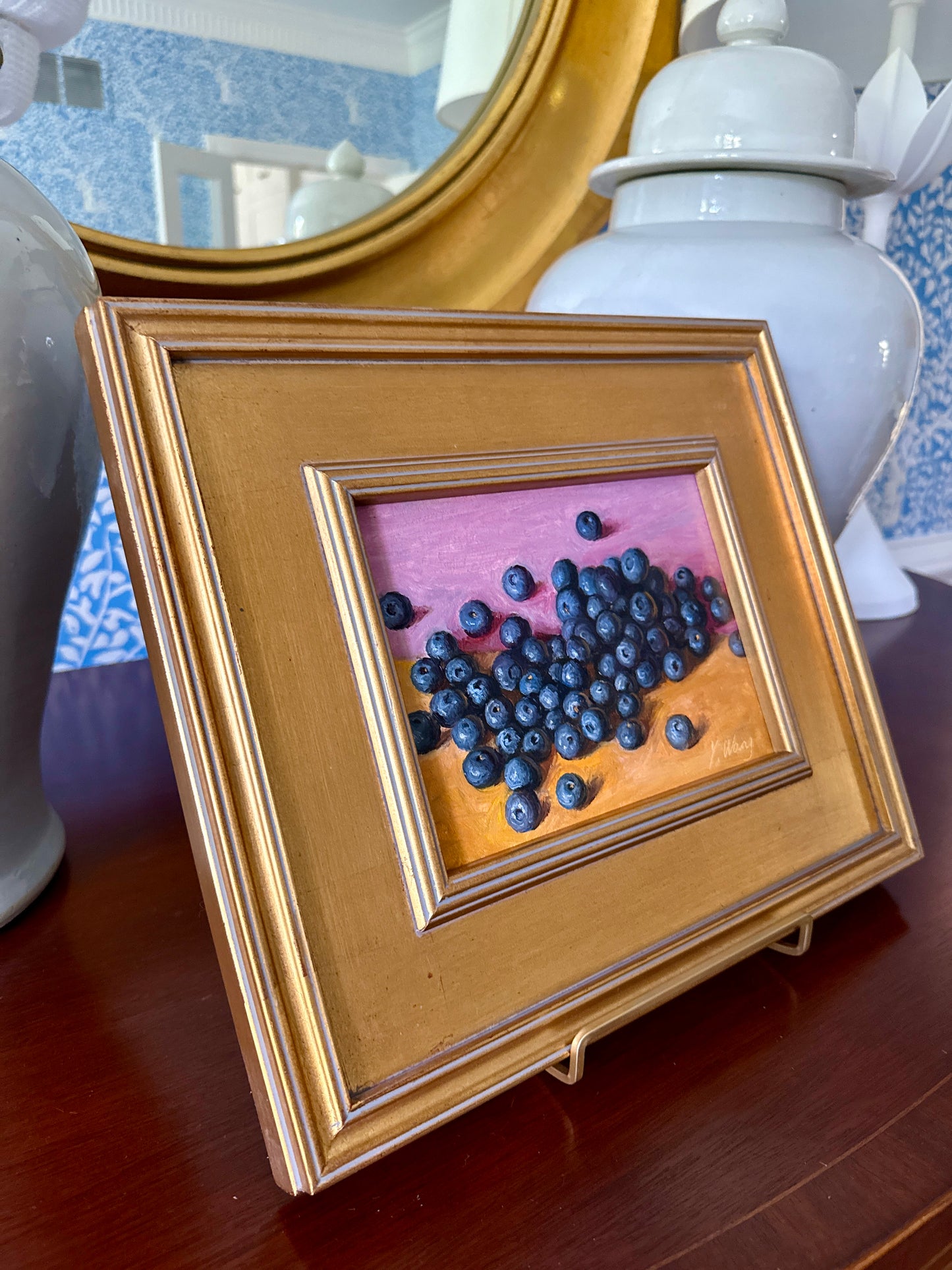 Blueberries on Pink and Orange Realist Still Life Oil Painting in Gold Frame