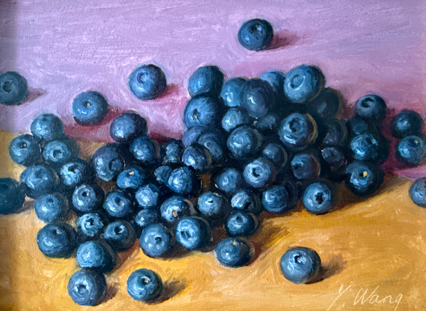 Blueberries on Pink and Orange Realist Still Life Oil Painting in Gold Frame