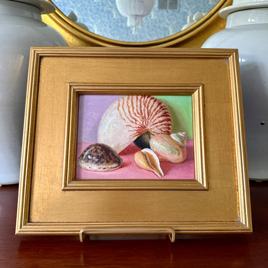 Seashell Collection on Pink Realist Still Life Oil Painting in Gold Frame