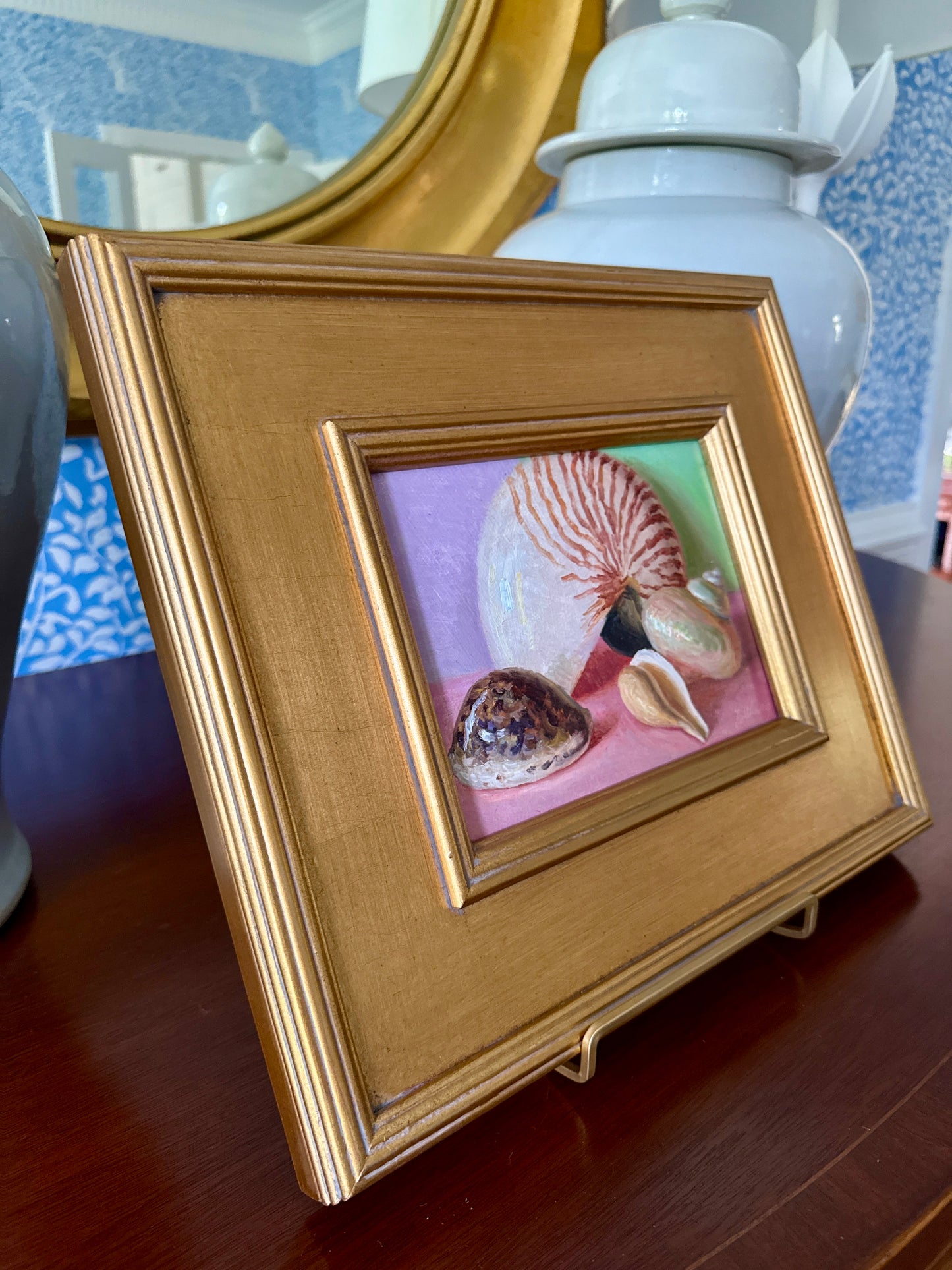 Seashell Collection on Pink Realist Still Life Oil Painting in Gold Frame