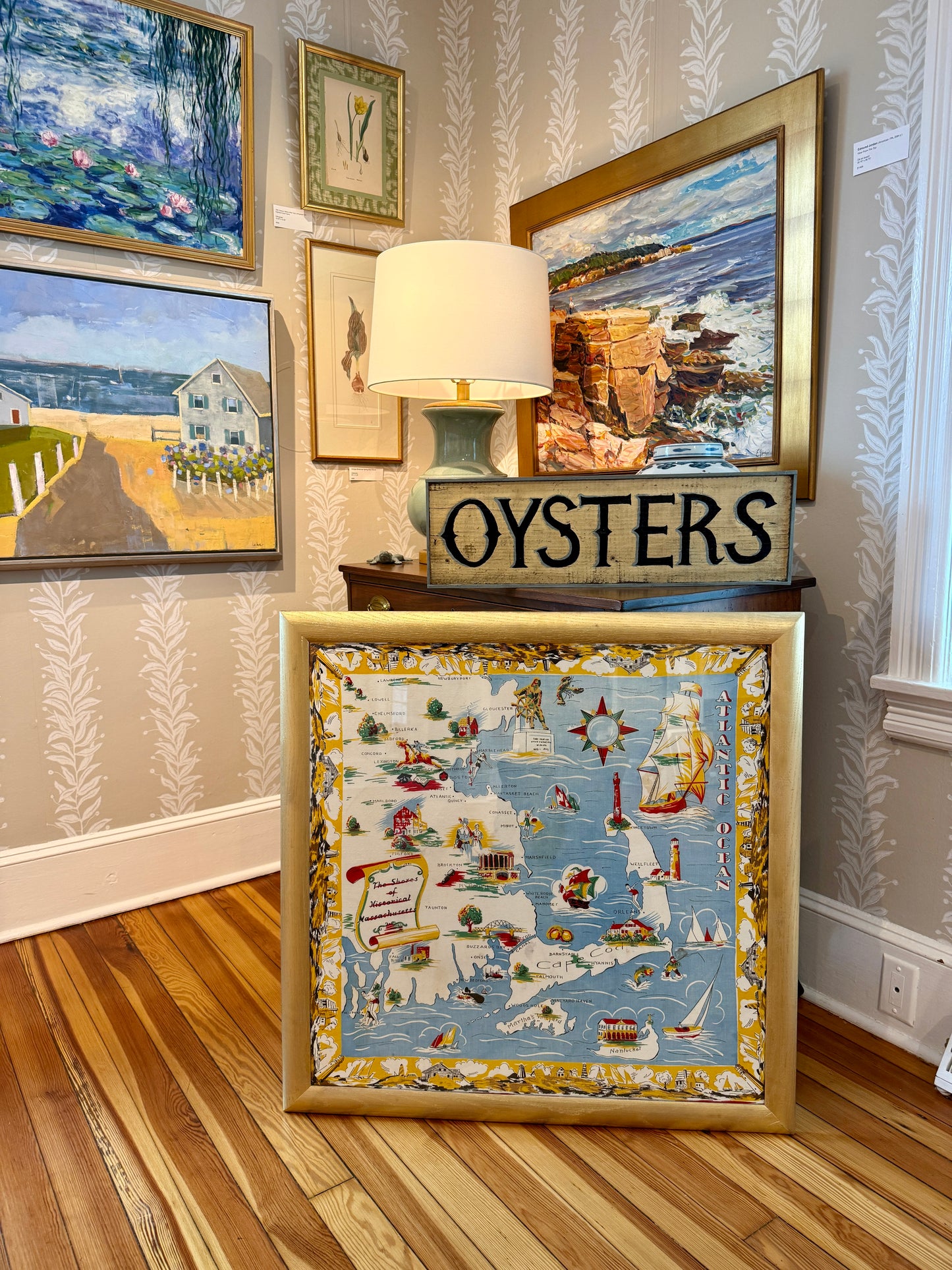 XL Vintage Cape Cod Nantucket Martha's Vineyard Shores of Historical Massachusetts Textile Map in Gold Frame