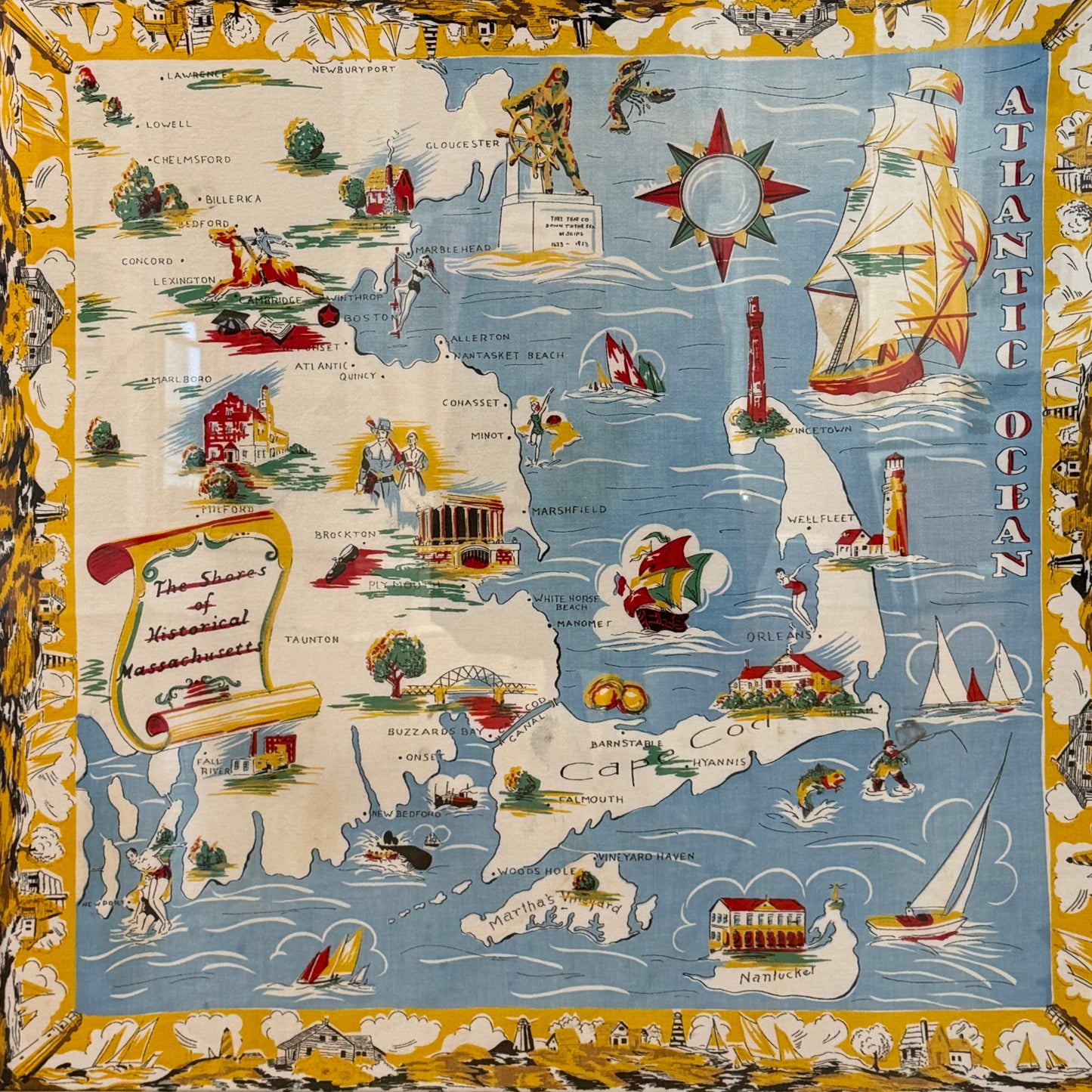 XL Vintage Cape Cod Nantucket Martha's Vineyard Shores of Historical Massachusetts Textile Map in Gold Frame