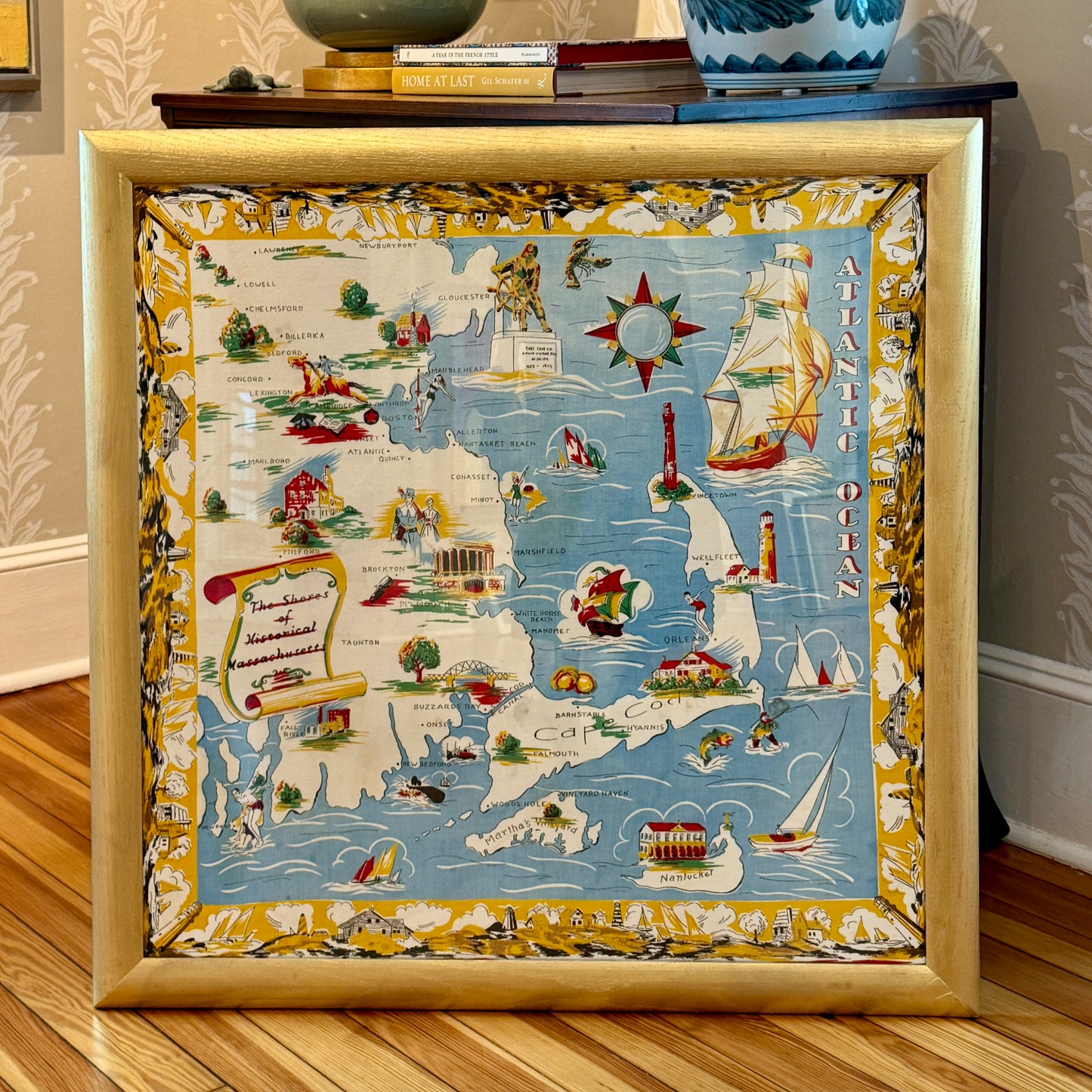 XL Vintage Cape Cod Nantucket Martha's Vineyard Shores of Historical Massachusetts Textile Map in Gold Frame