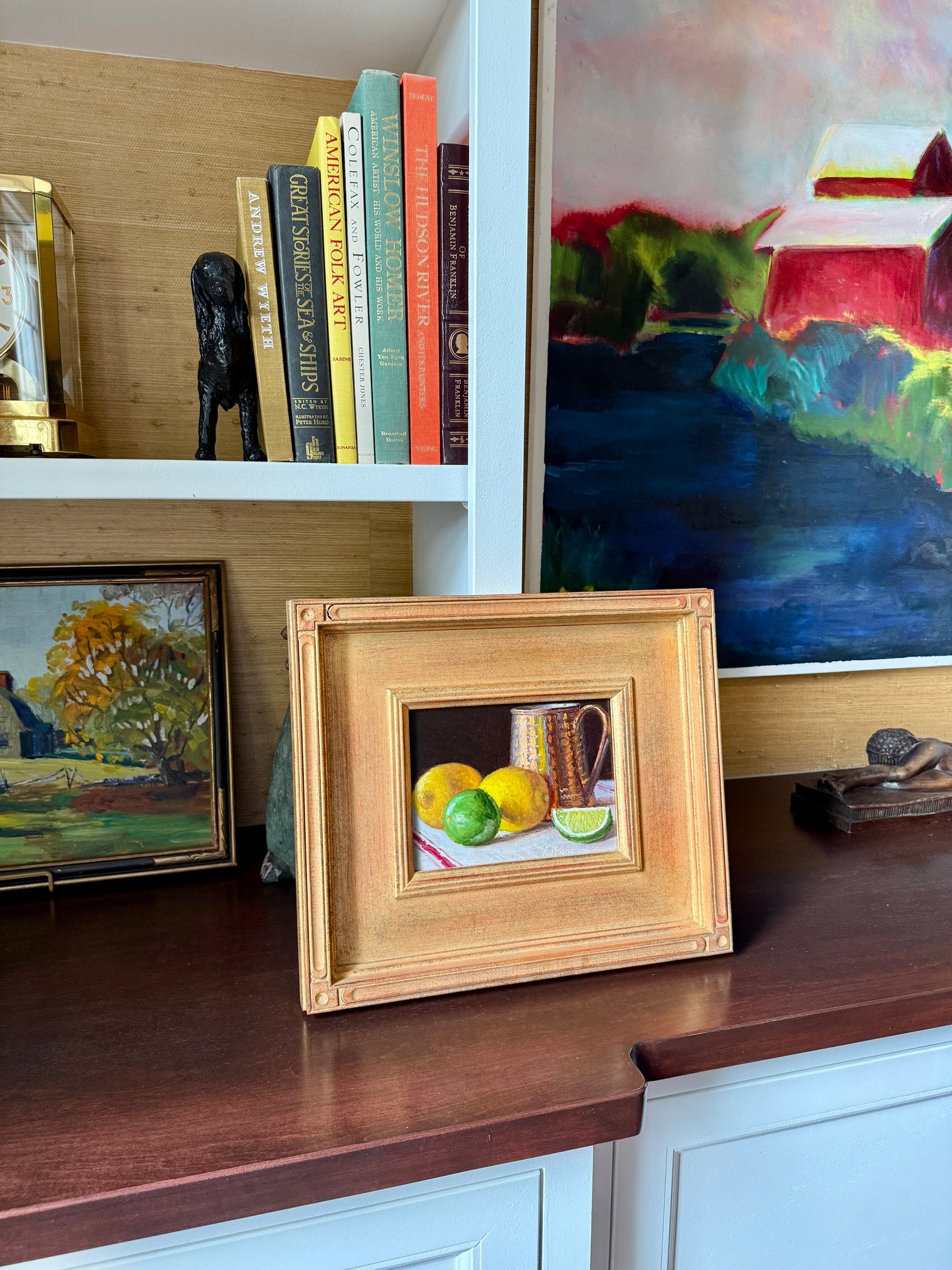 Lemons and Limes with Copper Mug Realist Still Life Oil Painting in Gold Frame